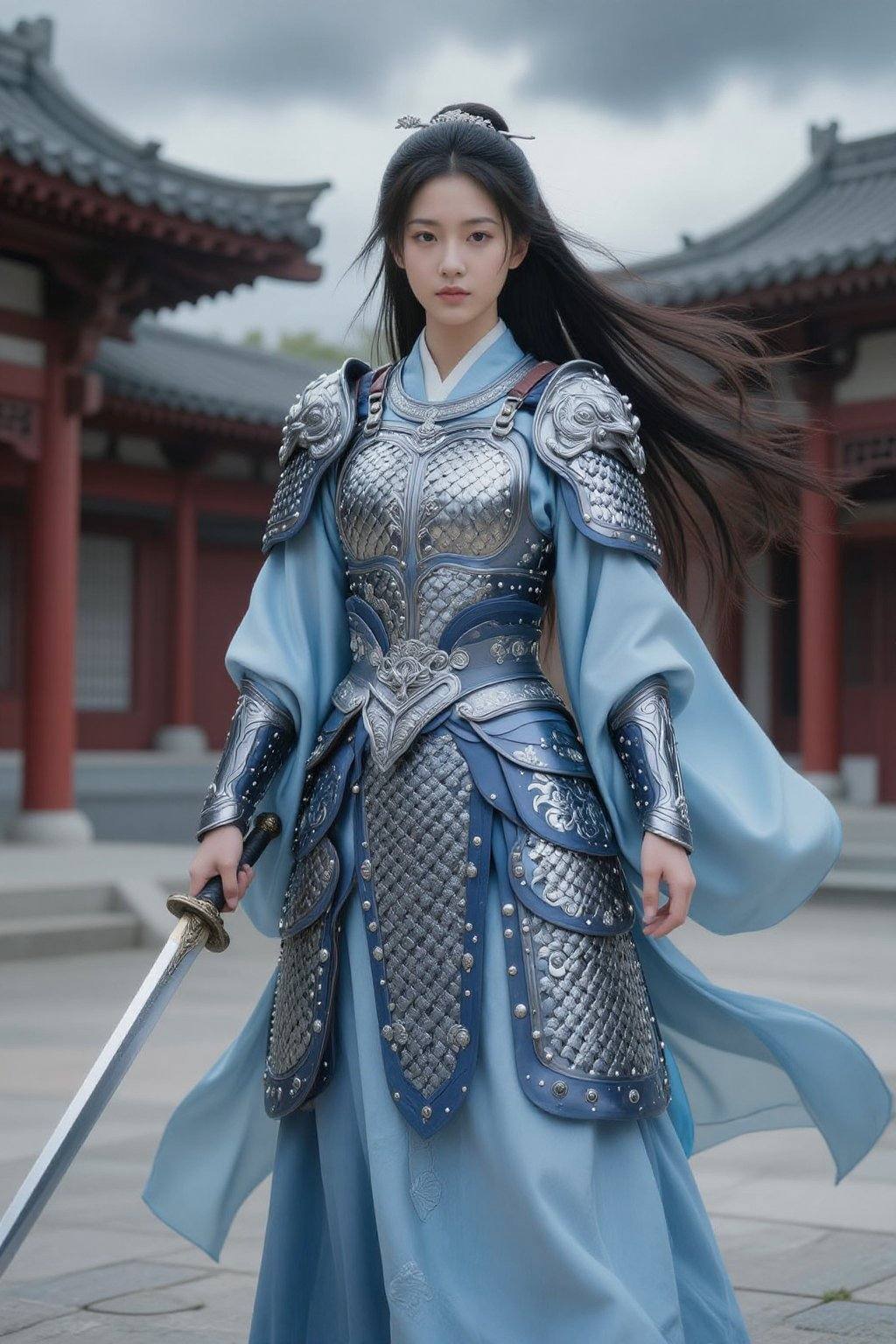 创作一幅年轻女战士自信地站在传统亚洲庭院中的图像,她身着华丽精致的盔甲,饰以错综复杂的银色细节和深蓝色点缀,盔甲上布满鳞片和花卉图案,既展现出力量,又彰显出优雅,她飘逸的浅蓝色长袍与盔甲相得益彰,长长的袖子更添动感,她乌黑的长发如瀑布般倾泻而下,在微风中轻轻摇曳,她一手紧握长剑,蓄势待发,另一只手则自然垂于身侧,背景是传统的亚洲建筑,红色的木柱和瓦片屋顶营造出一种宁静而又充满力量的氛围,阴沉的天空为画面增添了一丝戏剧性的色彩,整体色调以冷色调为主,突显了女战士的优雅和坚定,