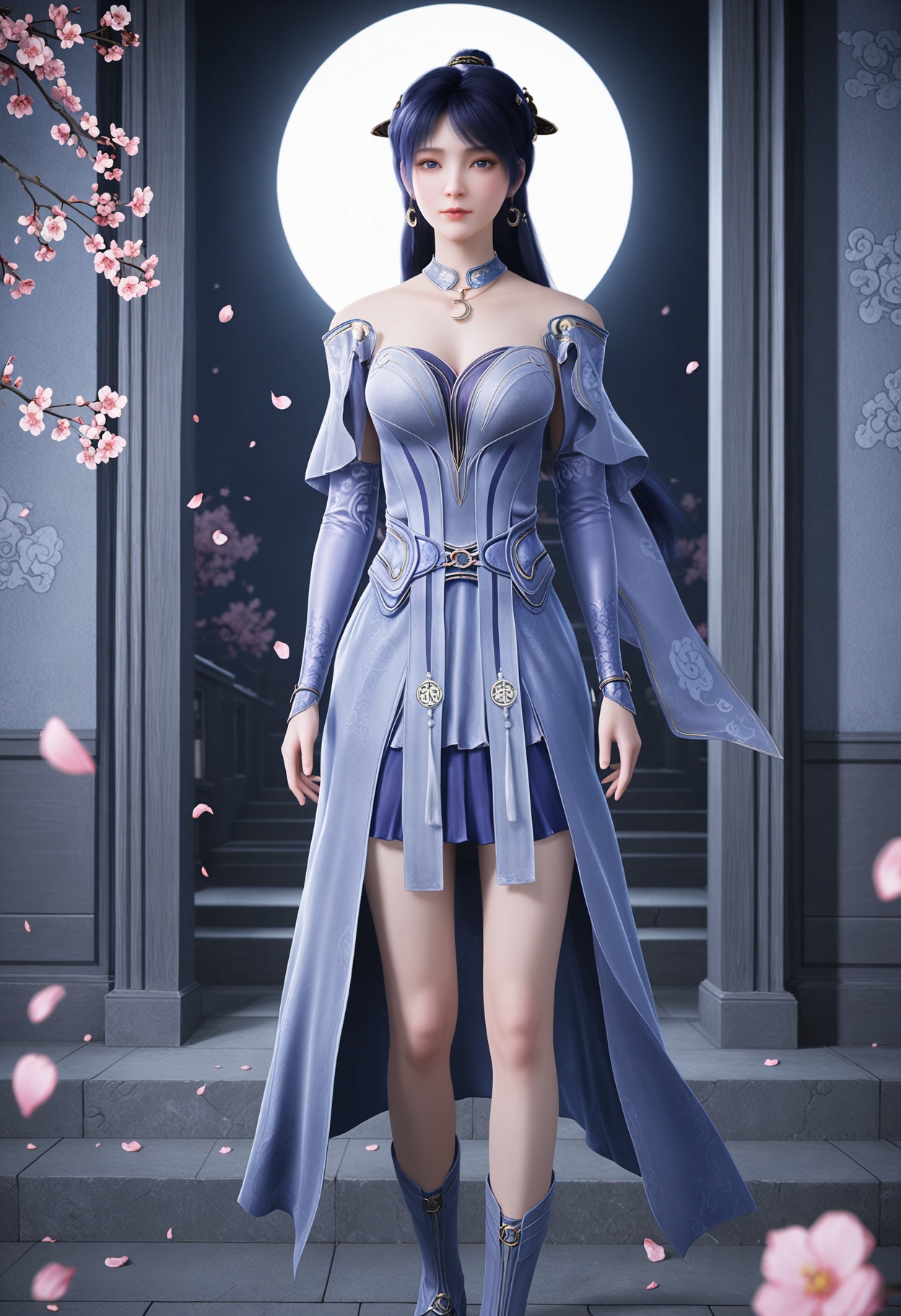 (standing full_body:1.1),(looking at viewer:1.1),masterpiece,(best quality),smog,Dark room,dim lighting,peach blossom,falling petals,<lora:YQ_Illustrious光辉v5_姬紫月2.0_V2:0.8>,q1528437228,1girl,solo,jewelry,long hair,earrings,hair ornament,dress,crescent,black hair,crescent earrings,purple dress,necklace,blue dress,detached collar,blue hair,blue eyes,purple hair,detached sleeves,choker,ponytail,boots,purple eyes,gloves,long sleeves,skirt,elbow gloves,collar,armor,blue footwear,