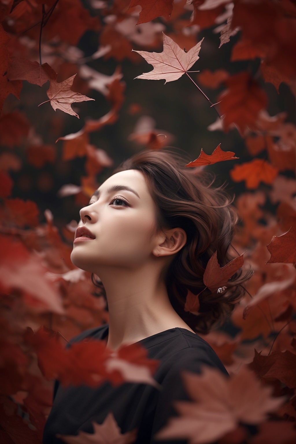 A girl with short black hair,Low Angle,(hongye:1.3),Fallen leaves,<lora:hongye:0.7>,