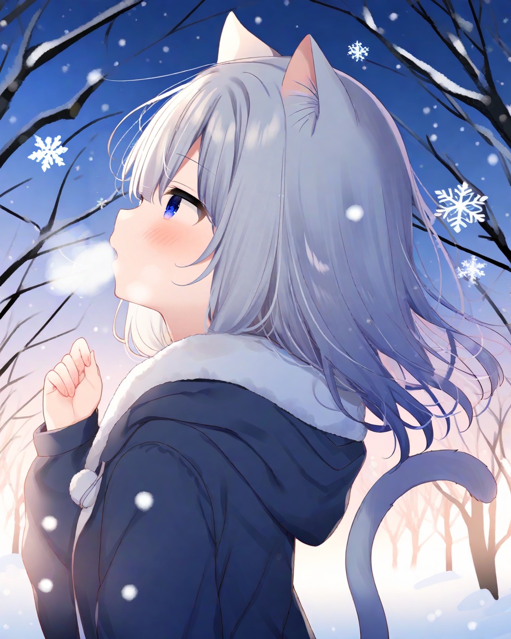 (Best-A:1.1),mafuyu,1girl, animal ears, tail, blue eyes, solo, cat tail, cat ears, cat girl, white hair, hood, long hair, animal ear fluff, hood down, outdoors, snow, blush, parted lips, upper body, tree, snowing, winter, snowflakes, fur trim, breath, looking up, hooded jacket, from side
