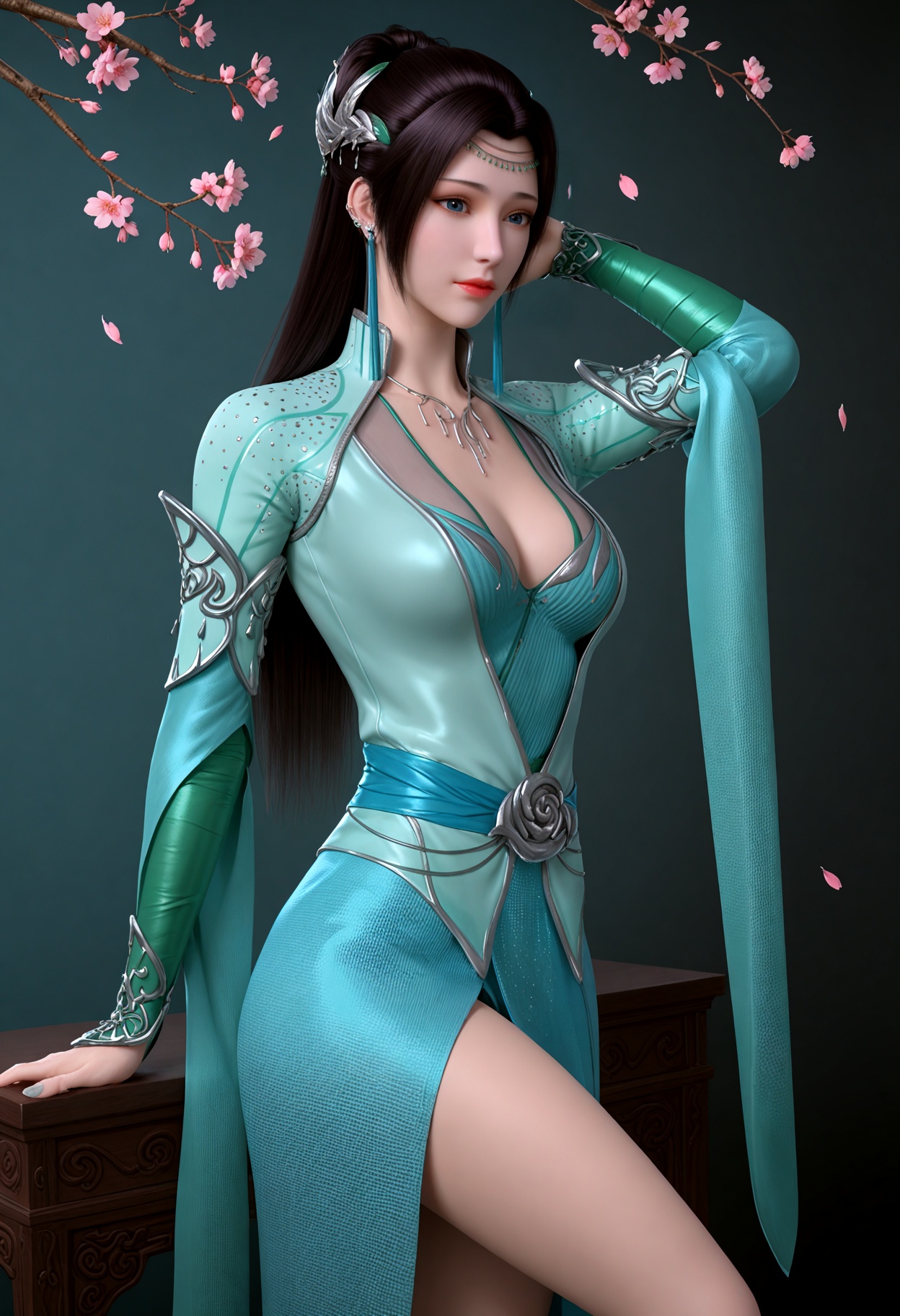 (upper_body:1.2),(looking_at_viewer:1.1),(masterpiece:1.1),(best quality:1.2),(intricate details),(smog:1.3),(Dark room:1.3),(dim lighting:1.3),peach blossom,falling petals,<lora:YQ_Illustrious光辉v5_云韵绿衣_V1:0.8>,q1528437228,1girl,solo,long_hair,earrings,black_hair,hair_ornament,dress,blue_eyes,necklace,green_dress,ponytail,hair_bun,realistic,legs,masterpiece,(best quality),(intricate details:0.9) BREAK (intricate details:0.9),(realistic skin:1.2),masterpiece,best quality,newest,absurdres,hiahres,