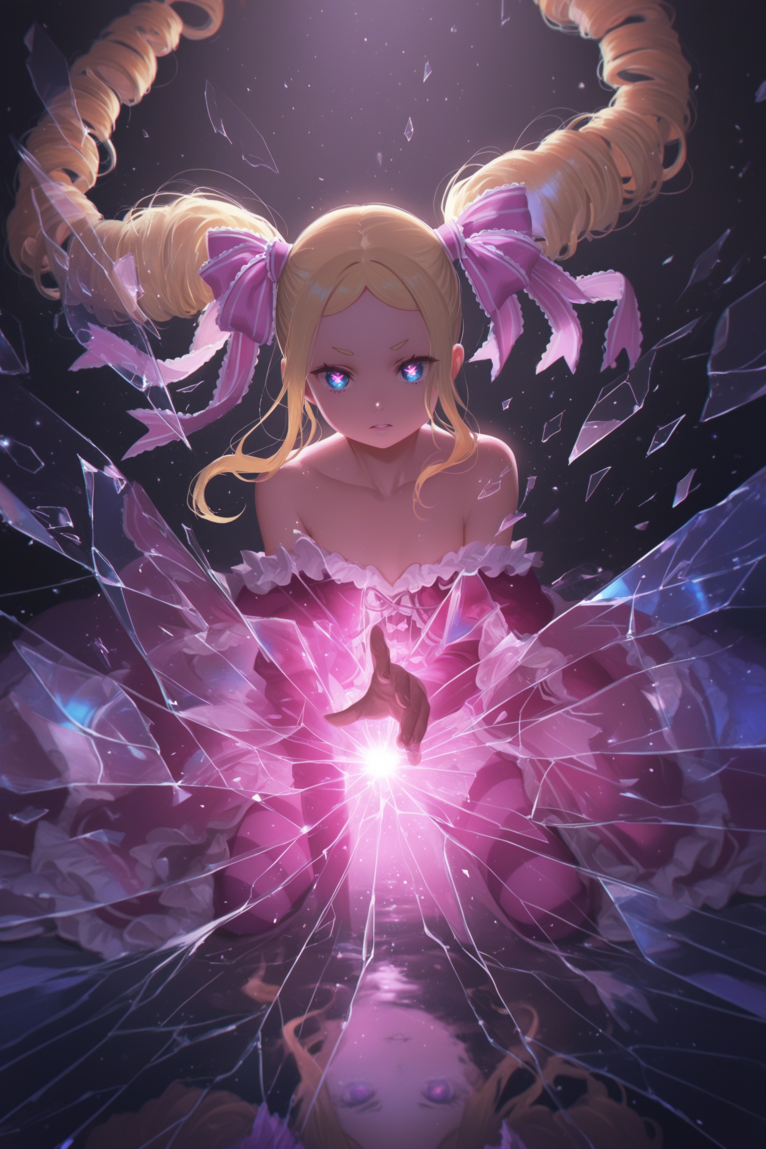 (1 girl), (Beatrice Re:zero, blonde hair, blue and pink eyes, drill twintails)(alluring, mesmerizing, captivating, sensual)(Evangelical aesthetic), (floating glass shard, floating broken glass, reflection), ((detailed background:))(tragic beauty, dramatic, artistic), (angelic:1.4), (ethereal), (beautiful:), (sensitive), (abstract anime, artistic anime:1.5)(Overexposed lighting), (cinematic lighting), (dramatic lighting:1.3), (high contrast lighting), (volumetric lighting:1.3), (volumetric rays:1.1), (soft shadows), (bloom:1.1), (rim light:1.1), (glowing:1.4), (HDR)(dynamic pose:1.3), (dynamic angle:1.2), (foreshortening:1.3), (extreme perspective:1.3), (shallow depth of field), (background blur), (sense of depth:1.5), (hair strand:1.2)(Artist:"Alphonse_(white_datura)"),(artistic,painting), (lush colors:1.1), (vibrant colors:1.3), (rich colors palette:1.3), (detailed), (masterpiece:1.1), (best quality), (absurdres), (highres), (amazing quality), (newest), (aesthetic)