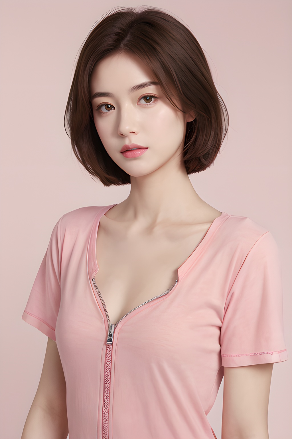 <lora:0816_10:0.7>,partially_unzipped,pink,short sleeve T-shirts,simple background,, 1girl,realistic,masterpiece, best quality, photorealistic, HDR,detail