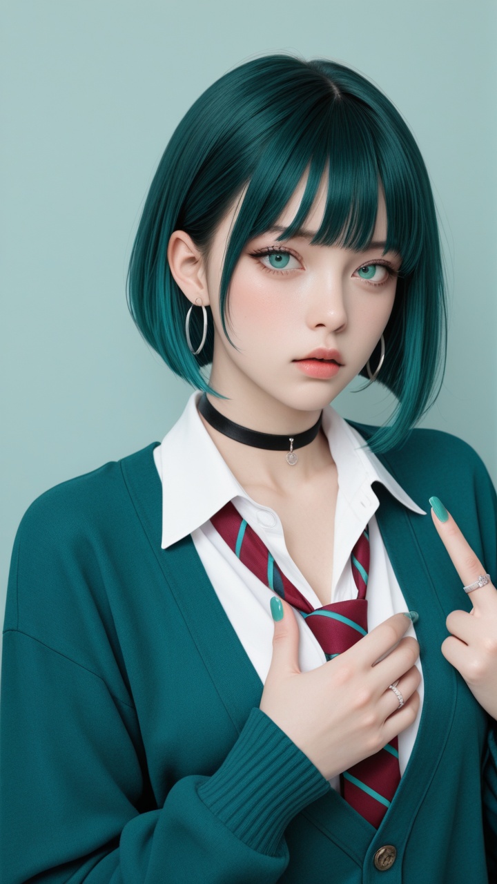 This is a digital illustration in an anime style,  depicting a young woman with a modern,  edgy appearance. She has a shor...