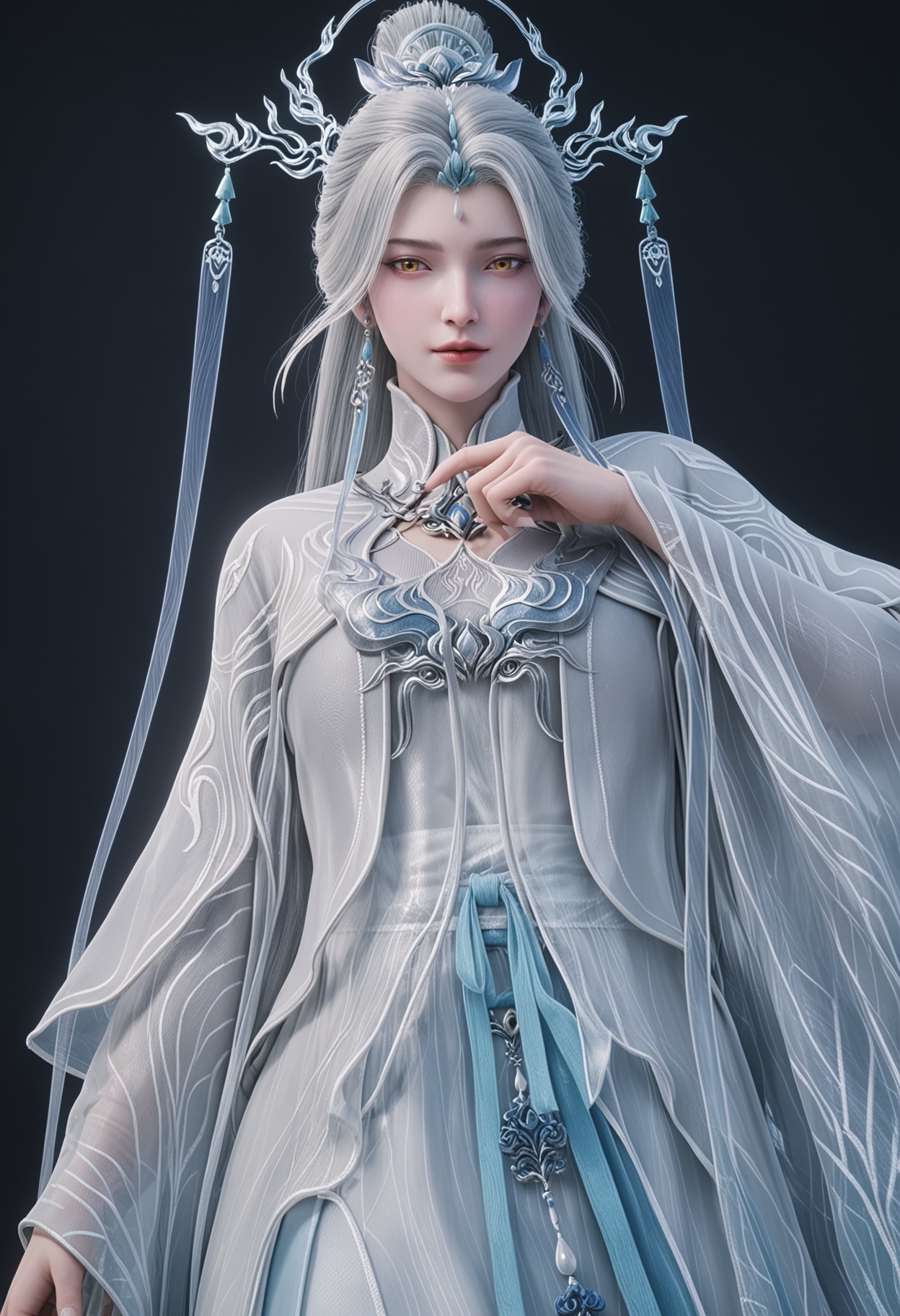 (cowboy shot:1.2),score_9,score_8_up,masterpiece,(best quality),intricate details,facing viewer,(looking at viewer:1.1),<lora:YQ_pony_jianma_fuzhuang2_V4:0.8>,q1528437228,solo,1girl,white hair,long hair,jewelry,hair ornament,earrings,hair bun,chinese clothes,dress,long sleeves,white dress,yellow eyes,wide sleeves,forehead mark,brown eyes,robe,single hair bun,tassel,facial mark,BREAKscore_9,score_8_up,masterpiece,(best quality),perfect anatomy,(hourglass),perfect face,(simple background,pure black background,black background:1.1),fair_skin,shiny_skin,Ivory_skin,