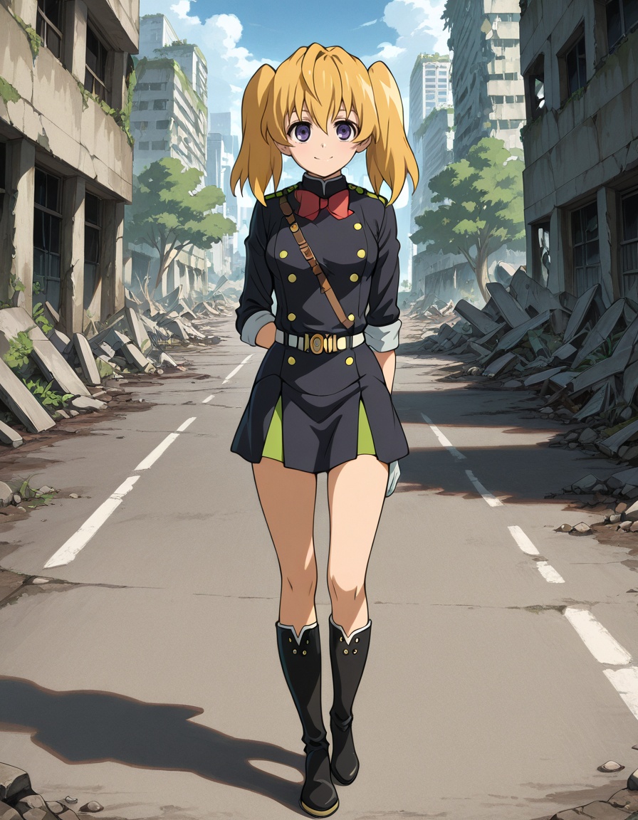 masterpiece, best quality, amazing quality, outdoors, ruins, vegetation, city, road, apocalypse,1girl, solo, smile, looking at viewer, walking, arm behind back, full body, <lora:mitsuba_sanguu-owari_no_seraph_s2-ixl-anime-soralz:1>, mitsuba sanguu (owari no seraph), long hair, blonde hair, twintails, hair between eyes, purple eyes,military uniform, brown belt, double-breasted, red bowtie, sleeves rolled up, white gloves, white belt, belt buckle, layered skirt, black knee boots <lora:StS-Illustrious-Detail-Slider-v1.0:3>