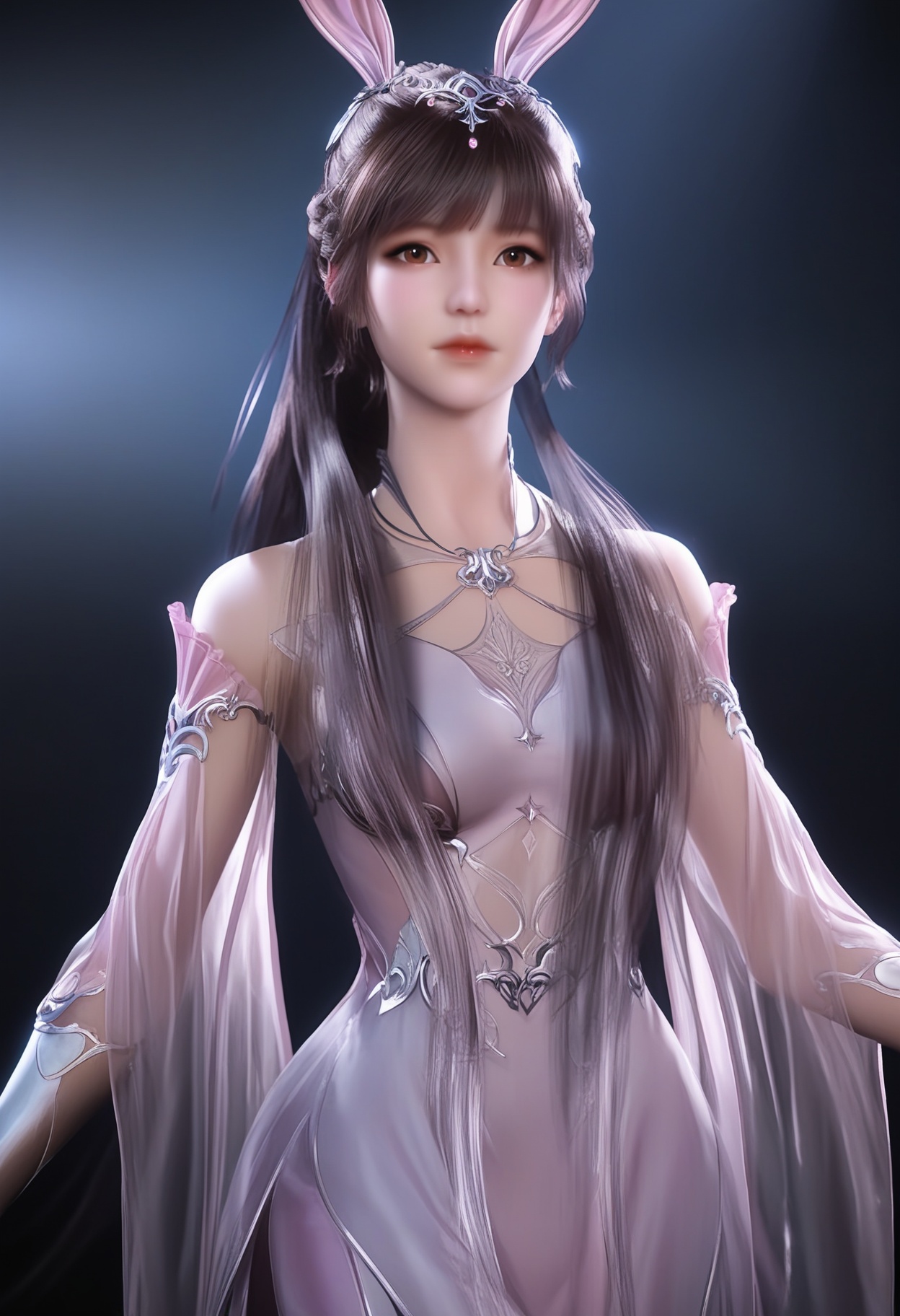 masterpiece,best quality,absurdres,highres,BREAK(glamor:1.1),slender,1girl,solo,<lora:小舞-ill-000005:0.85>,xiaowu,long hair,brown hair,hair ornament,ponytail,bunny ears,brown eyes,jewelry,braid,see-through,pink dress,dress,long dress,looking at viewer,front view,light blush,cowboy shot,BREAKsimple background,black background,rim light,Tyndall effect,Volumetric Lighting,Cinematic Lighting,realistic,depth of field,