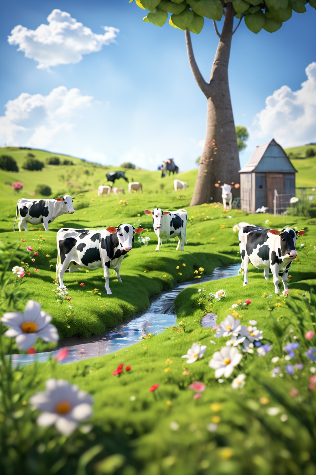 product photography,still life,OC rendering,C4D,3D,dairy cattle,flower,outdoors,sky,day,cloud,blue sky,no humans,animal,scenery,blurry foreground,fence,field,