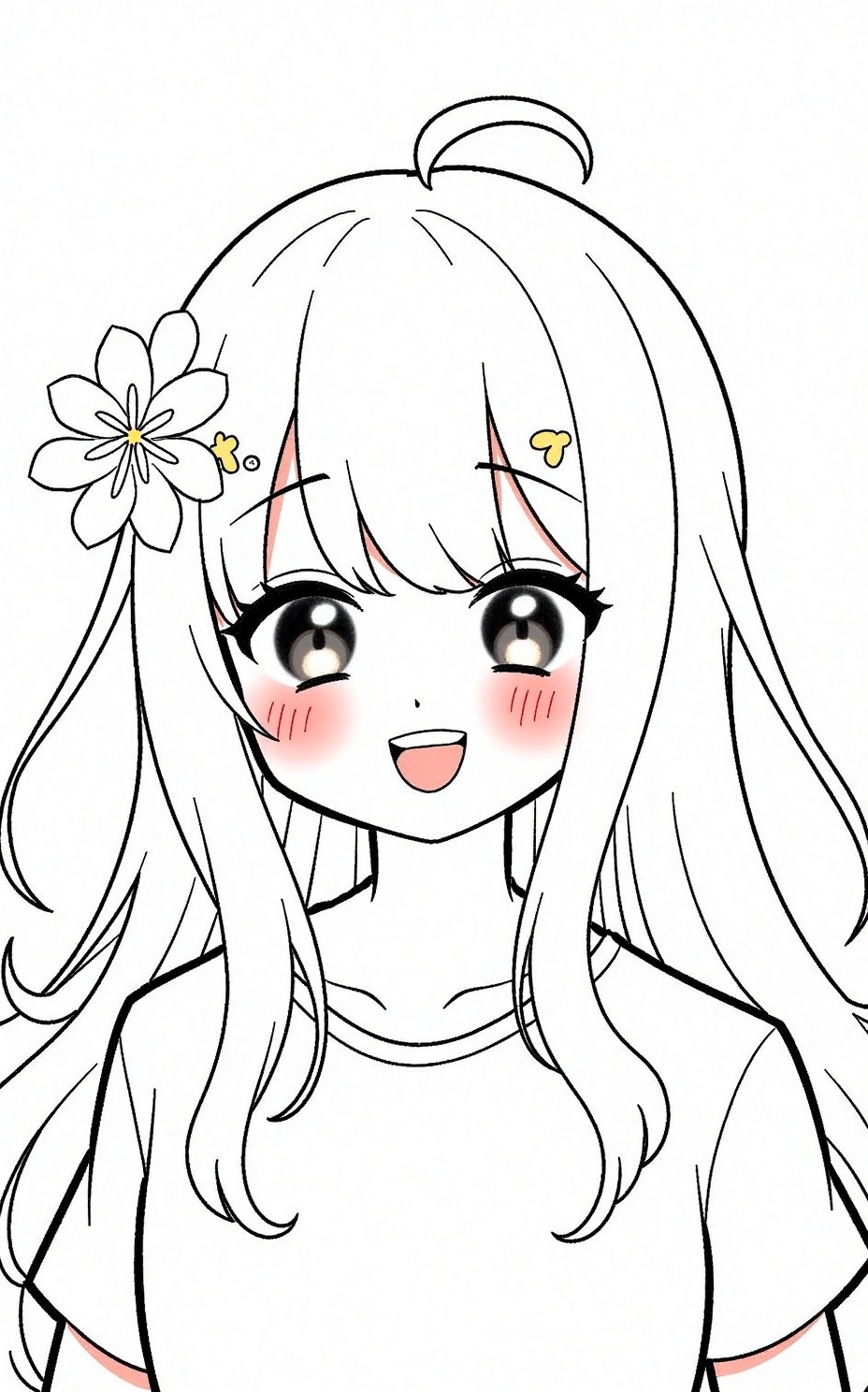 Hand-drawn comics,Hand-drawn comics,black and white line-patterned ( 1girl, upper body, eyebrows visible through hair, long hair, sfw, hair ornament, solo, blush, ahoge, pov eye contact, :d, :), bangs, smile, hair between eyes, open mouth, looking at viewer, black eyes, white background, white hair, hair flower, simple background, flower, upper teeth, white shirt, teeth, shirt, eyebrows visible through hair, flower hair ornament, original ),