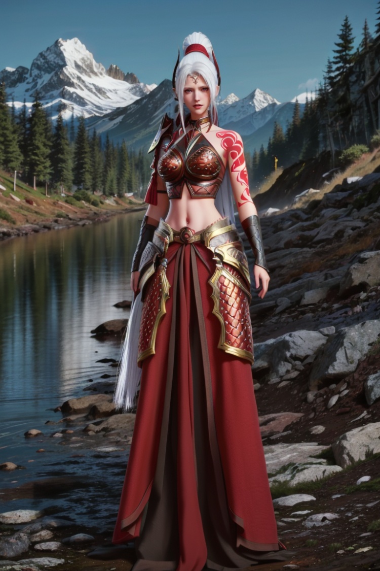 ((HRD, HUD, 8K)),((masterpiece, best quality)), highly detailed, (perfect anatomy:1.2),1girl, solo, white hair, long hair, red eyes, ponytail, tattoo, armor, midriff, mountain, river, water, (full body), standing, looking at viewer, <lora:20231207-1701946872440:0.74>