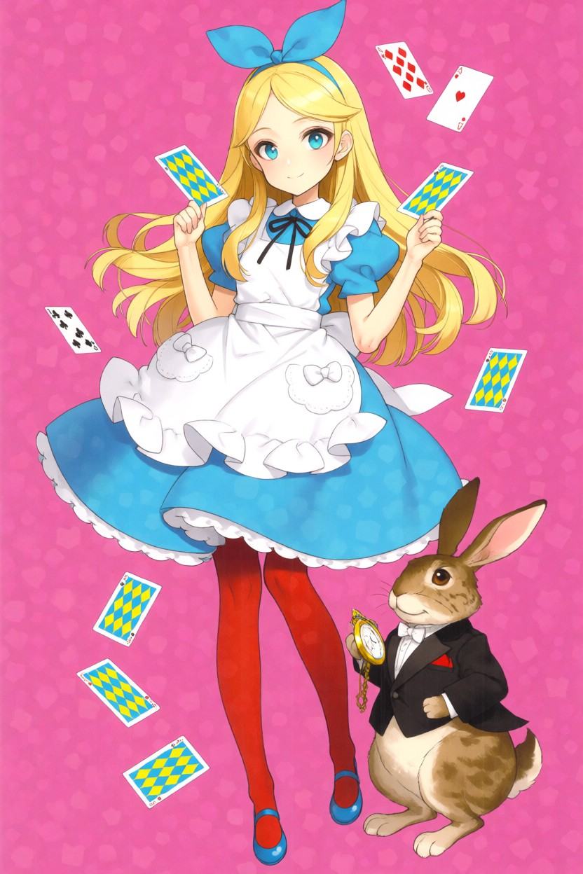 Full-body anime illustration of a cute Alice in Wonderland character. She has long,  wavy blonde hair topped with a large...