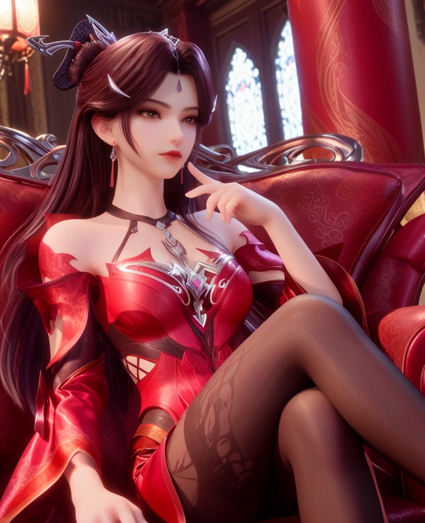 (oriental architecture, elegant decor, sophisticated style:1.1),(Sitting on a chair with legs crossed, resting chin on hand,:1.1),(breasts:1.2),<lora:XL宗门卧底萧媚:0.95>,miss xiaomei,red dress,choker,detached sleeves,brown eyes,brown hair,forehead pendan,long hair,hair ornament,black pantyhose,earrings,jewelry,hanging hair,, score_9,score_8_up,score_7_up,score_6_up,score_5_up,score_4_up,3d rendering,tag1,tag2, Cinematic Lighting,backlighting,