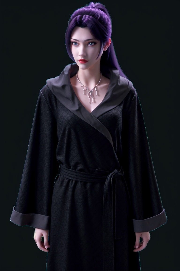 ((HRD, HUD, 8K)),((masterpiece, best quality)), highly detailed, 1girl, solo, long hair, purple hair, black hair, ponytail, blue eyes, lips, red lips, lipstick, nose, makeup,necklace, jewelry, robe, long sleeves, simple background, grey background, flat color background, cowboy shot, standing, looking at viewer, <lora:斗破苍穹特别篇1云韵黑袍_v3.0 :0.73>