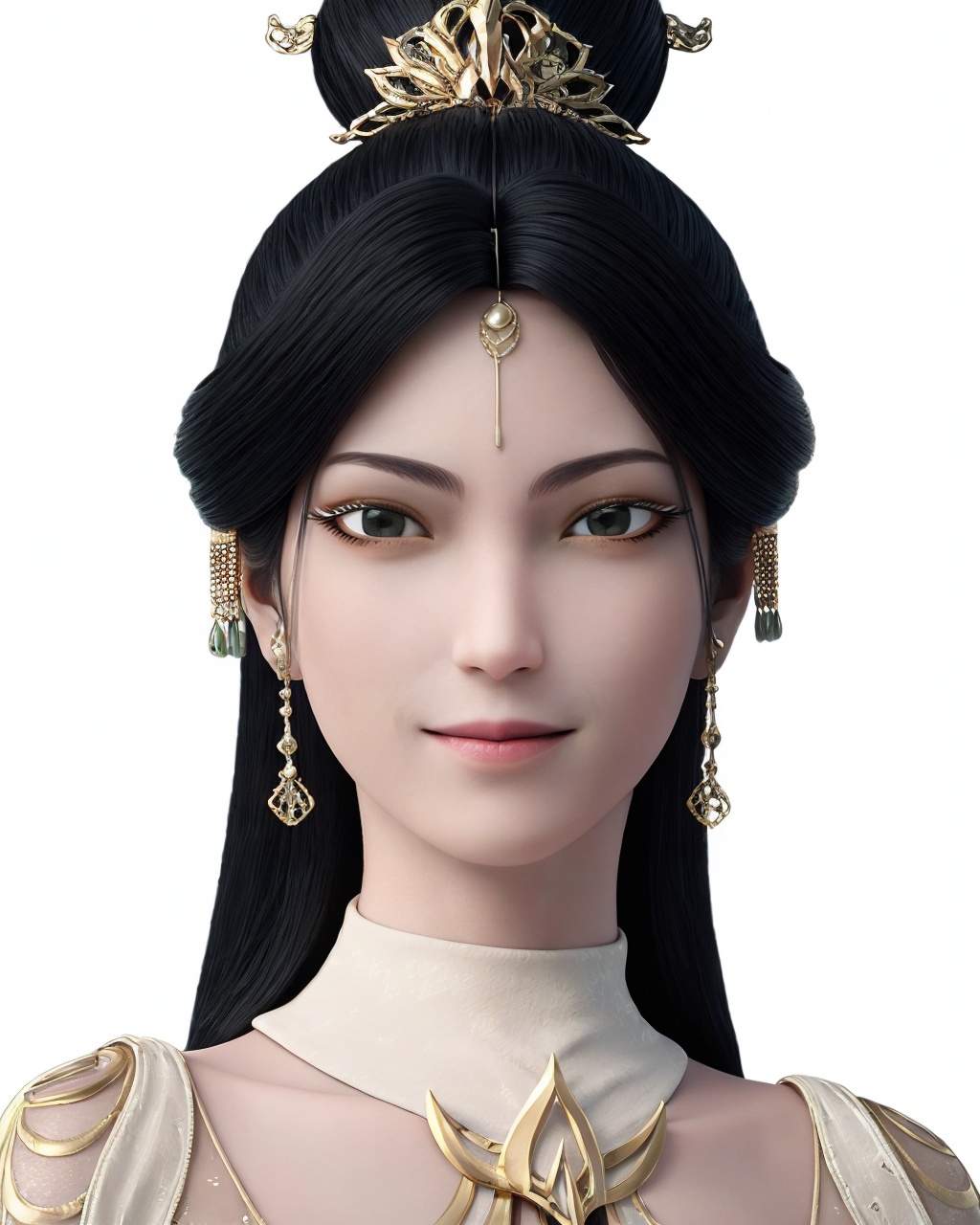 <lora:CaiJinjian-Sd1.5:0.75>,cjj,1girl,solo,light smile,hair bun,jewelry,forehead jewelry,hair ornament,earrings,clothing cutout,high collar,yellow dress,(white background),portrait,