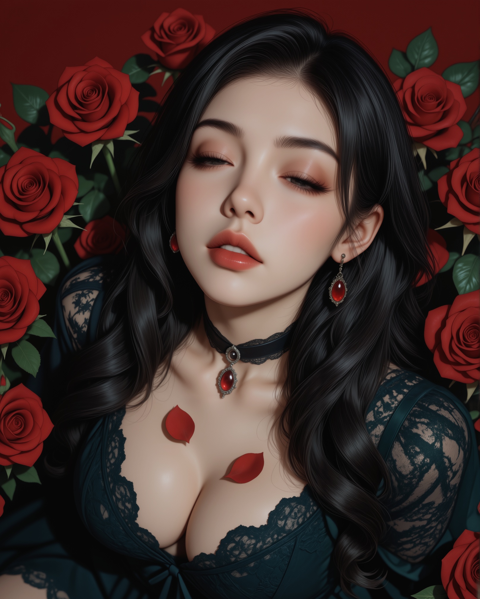 A photo-realistic portrait of a woman surrounded by red roses,  shot from above. the image also shows a woman in the middl...
