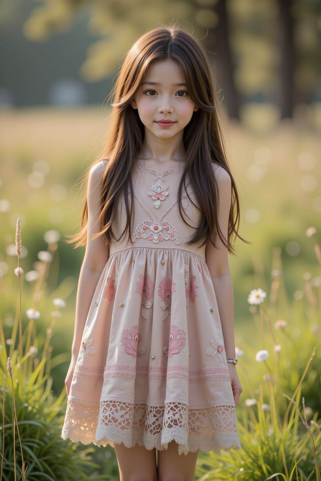 young girl, long hair, dress, full body, outdoors,