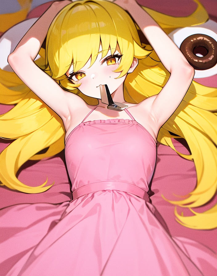 oshino shinobu, 1girl, long hair, doughnut, blonde hair, dress, solo, food, yellow eyes, looking at viewer, pink dress, very long hair, armpits, lying, on back, scissors, bare shoulders, sleeveless dress, arms up, sleeveless, mouth hold