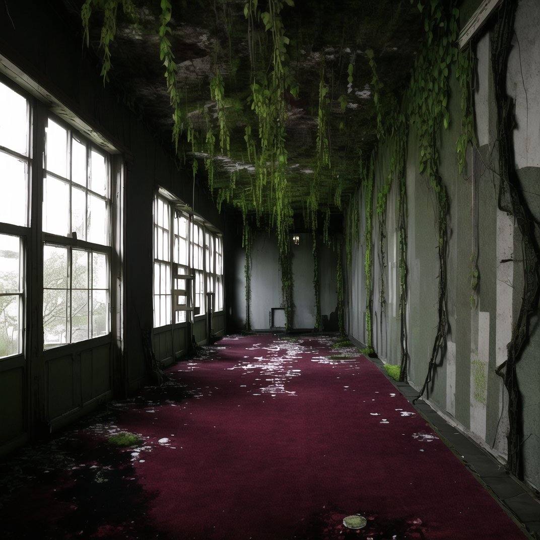 liminalspaces,  A decrepit mansion,  its cracked windows and overgrown vines casting eerie shadows on the bloodstained car...
