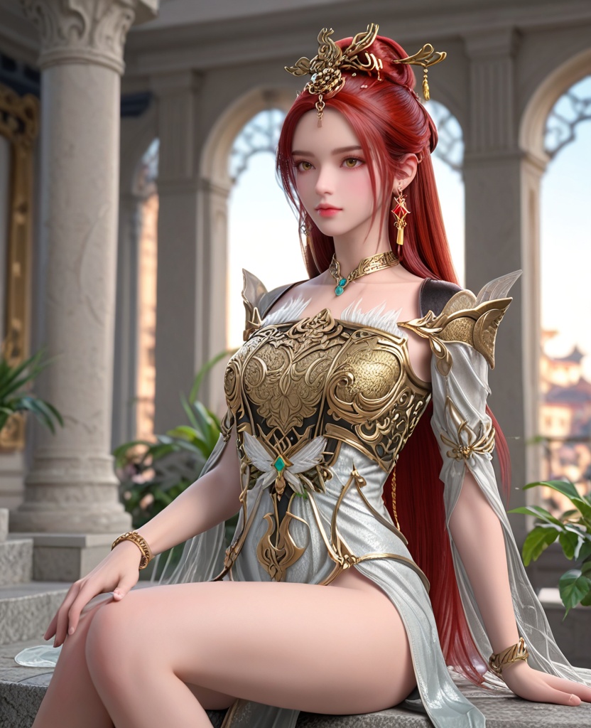 (oriental architecture, elegant decor, sophisticated style:1.1),Sitting, legs tucked under, hands on the lap,,(breasts:1.2),<lora:XL完美世界天人族姐妹花P2:0.9>,elder sister,armor,red hair,hair stick,yellow eyes,earrings,jewelry,necklace,bracelet,, zPDXL2, score_9, score_8_up, score_7_up BREAK realistic, masterpiece,best quality, highly detailed,, zPDXL3, zPDXL2,zPDXL, zPDXLxxx, zPDXLrl,