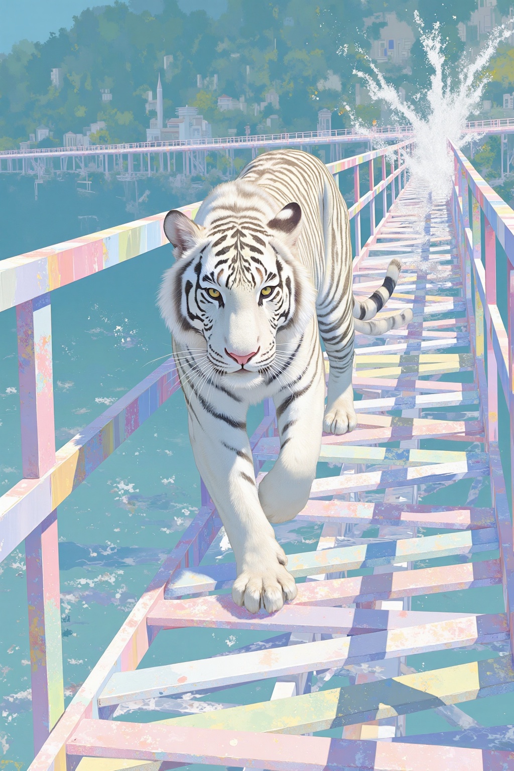 beijihui,a white tiger is seen climbing a multi-colored wooden staircase. The tiger's gaze is focused on the left side of the image,while the right side is slightly angled towards the right. The staircase is made up of multiple wooden slats,each with a different pattern of stripes and colors,creating a unique and eye-level view. The background is a deep blue-green,with a few trees visible in the distance. The water is splashing up,adding a touch of color to the scene.,