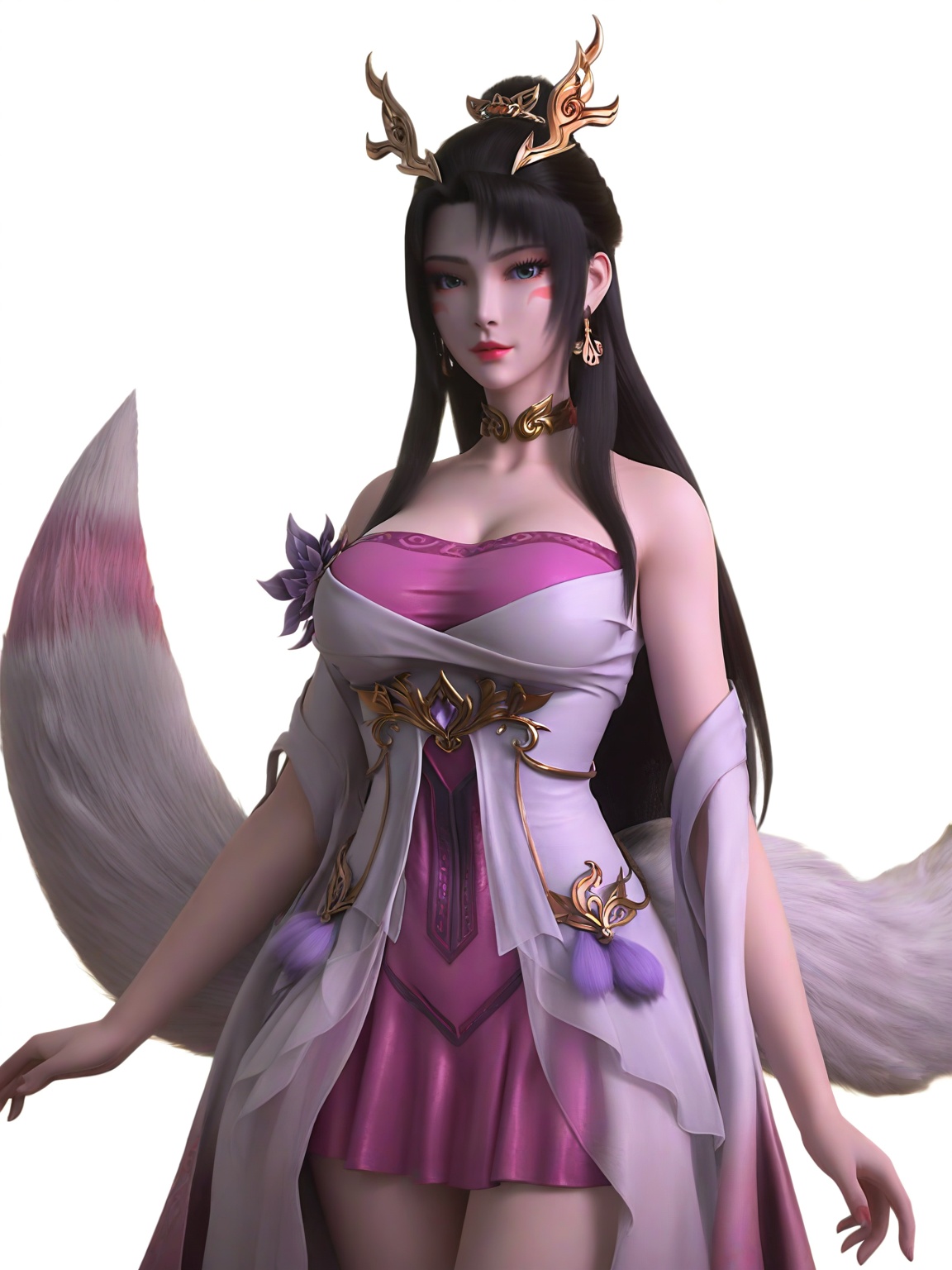 score_9,1girl,solo,dress,long hair,earrings,hair ornament,eyelashes,large breasts,standing,lipstick,facial mark,looking at viewer,fox tail,white background,simple background,cowboy_shot,<lora:SF_TianHu_Pony_Realism2.3-000004:0.7>,