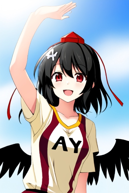 shameimaru aya,1girl,hat,solo,wings,red eyes,black hair,smile,open mouth,camera,<lora:aya5:1>,pom pom hair ornament,sportswear,