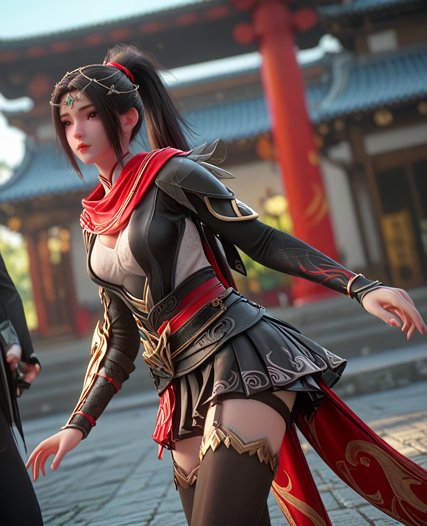 (oriental architecture, elegant decor, sophisticated style:1.1),(crossing ankles:1.1),(breasts:1.2),<lora:XL百炼成神朱千凝>,miss zhuqianning,black hair,scarf,ponytail,long hair,armor,breasts,hair ornament,brown hair,skirt,black thighhighs,circlet,, zPDXL2, score_9, score_8_up, score_7_up BREAK realistic, masterpiece,best quality, highly detailed,, zPDXL3, zPDXL2,zPDXL, zPDXLxxx, zPDXLrl,