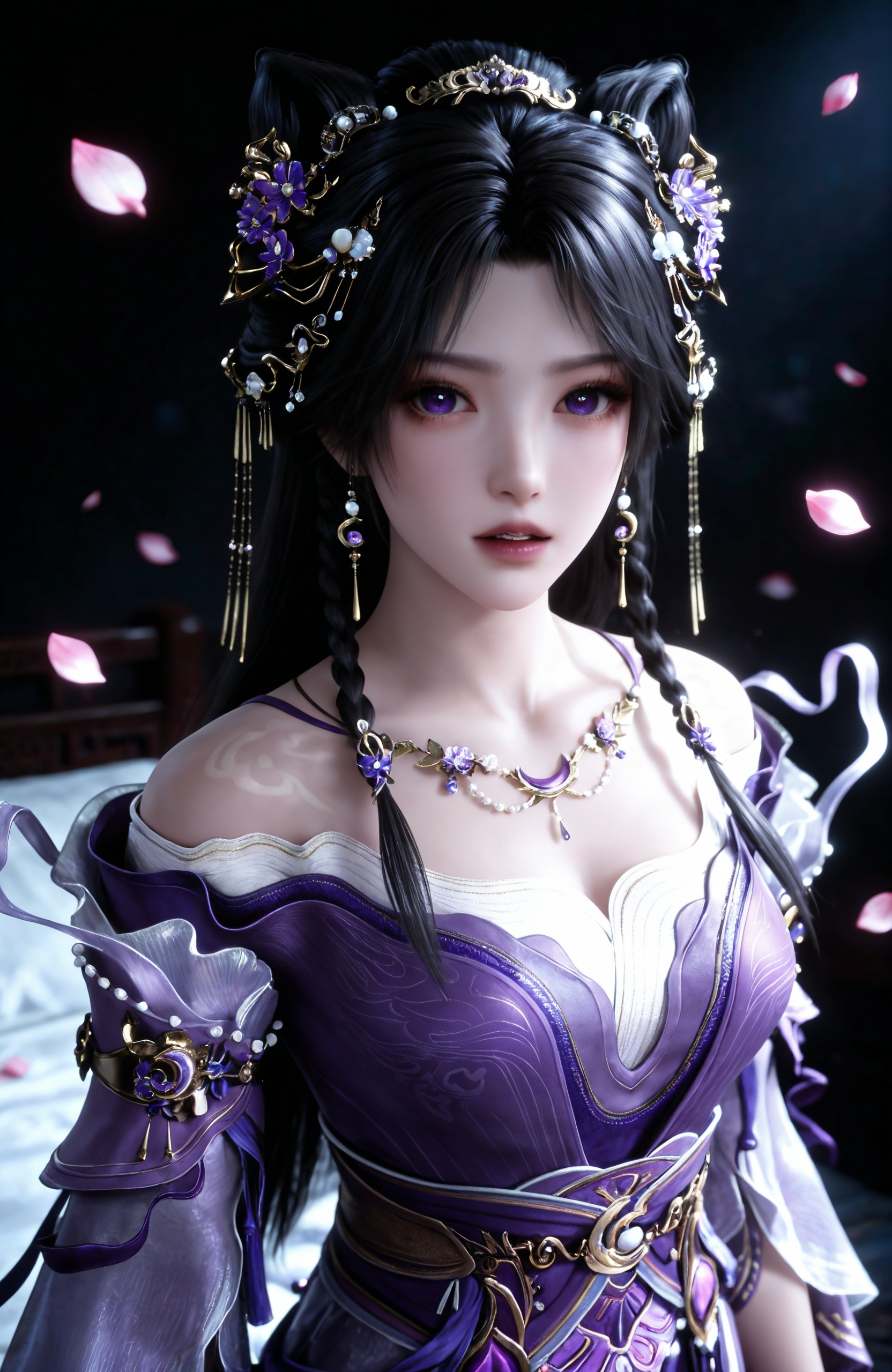 <lora:遮天-姬紫月IL:0.7> 1girl, long hair, hair ornament, earrings, necklace, jewelry, black hair, hair bun, chinese clothes, purple dress, bare shoulders, purple eyes, beads, sash, twin braids,solo,  upper body, dark background, black background, looking at viewer, parted lips, teeth, close-up,, masterpiece,best quality,amazing quality,very aesthetic,high resolution,ultra-detailed,absurdres,scenery,photorealistic,(looking at viewer:1.1),(Dark room:1.3),(moody lighting:1.1),peach blossom,falling petals,(large breasts:0.8),realistic,photorealistic details,