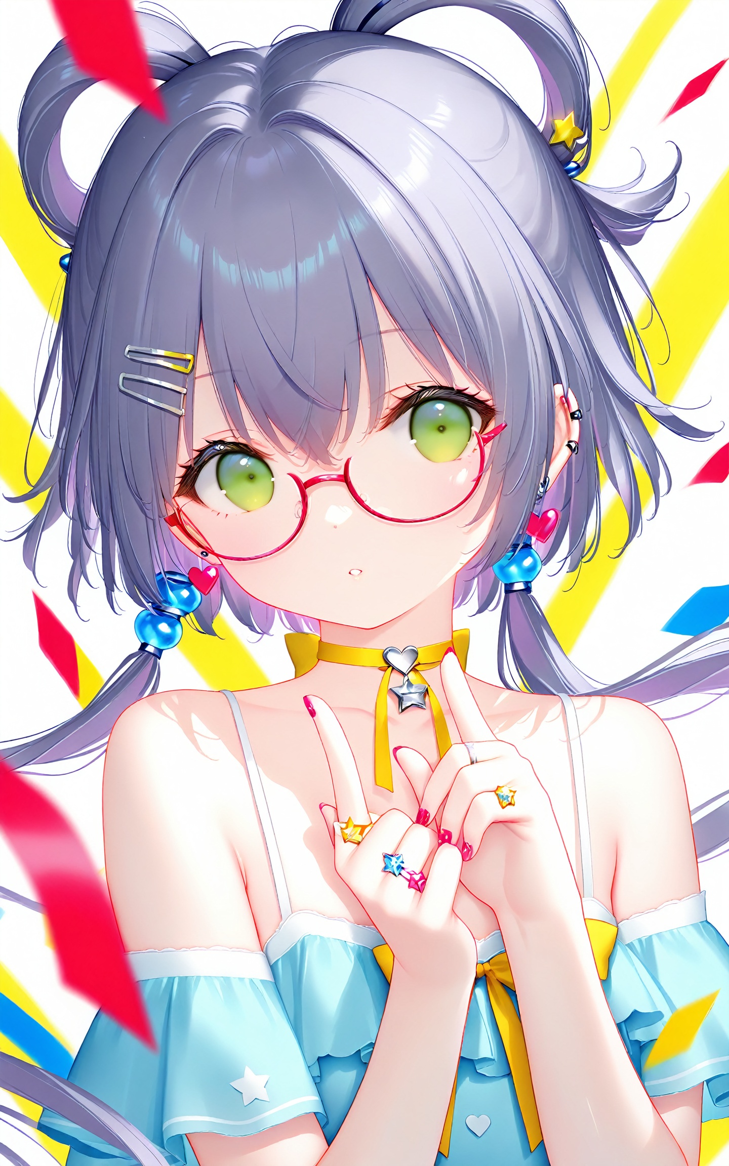 masterpiece,very aware,highres,absurdres,newest,best quality,loli,petite,high quality,chromatic_aberration,cinematic_angle,dutch angle, //, artist:tidsean, luo_tianyi, 1girl, multicolored_nails, solo, hair_ornament, green_eyes, glasses, purple_hair, long_hair, nail_polish, jewelry, hairclip, earrings, yellow_nails, looking_at_viewer, bow, confetti, yellow_bow, heart, choker, piercing, floating_hair, ear_piercing, ribbon_choker, parted_lips, hair_between_eyes, bare_shoulders, off_shoulder, hands_up, bowtie, collarbone, yellow_choker, upper_body, blue_nails, heart_hair_ornament, bow_choker, yellow_ribbon, shirt, ribbon, red_nails, nail_art, star_\(symbol\), index_finger_raised, ring, yellow_background, white_background, yellow_bowtie, very_long_hair, neck_ribbon, purple_nails, pink_nails //, photorealistic,Artist:na-ga,(quasarcake:0.2),(wanke:0.9),[Artist:chen bin],Artist:tidsean,[Artist:sk (askzy)],(artist:tokkyu:0.5),(artist:momoko \(momopoco\):0.5),himitsu_(hi_mi_tsu_2), //,