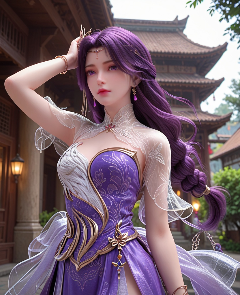 (oriental architecture, elegant decor, sophisticated style:1.1),Balancing on one foot with arms raised to the side,,(breasts:1.2),<lora:XL完美世界云曦成女:0.8>,miss yunxi,solo,purple dress of side slit,see-through bolero,white feather trim,hagoromo,see-through petticoat,purple eyes,purple hair,long hair,braided ponytail,hair ornament,bracelet,earrings,jewelry,, zPDXL2, score_9, score_8_up, score_7_up BREAK realistic, masterpiece,best quality, highly detailed,, zPDXL3, zPDXL2,zPDXL, zPDXLxxx, zPDXLrl,