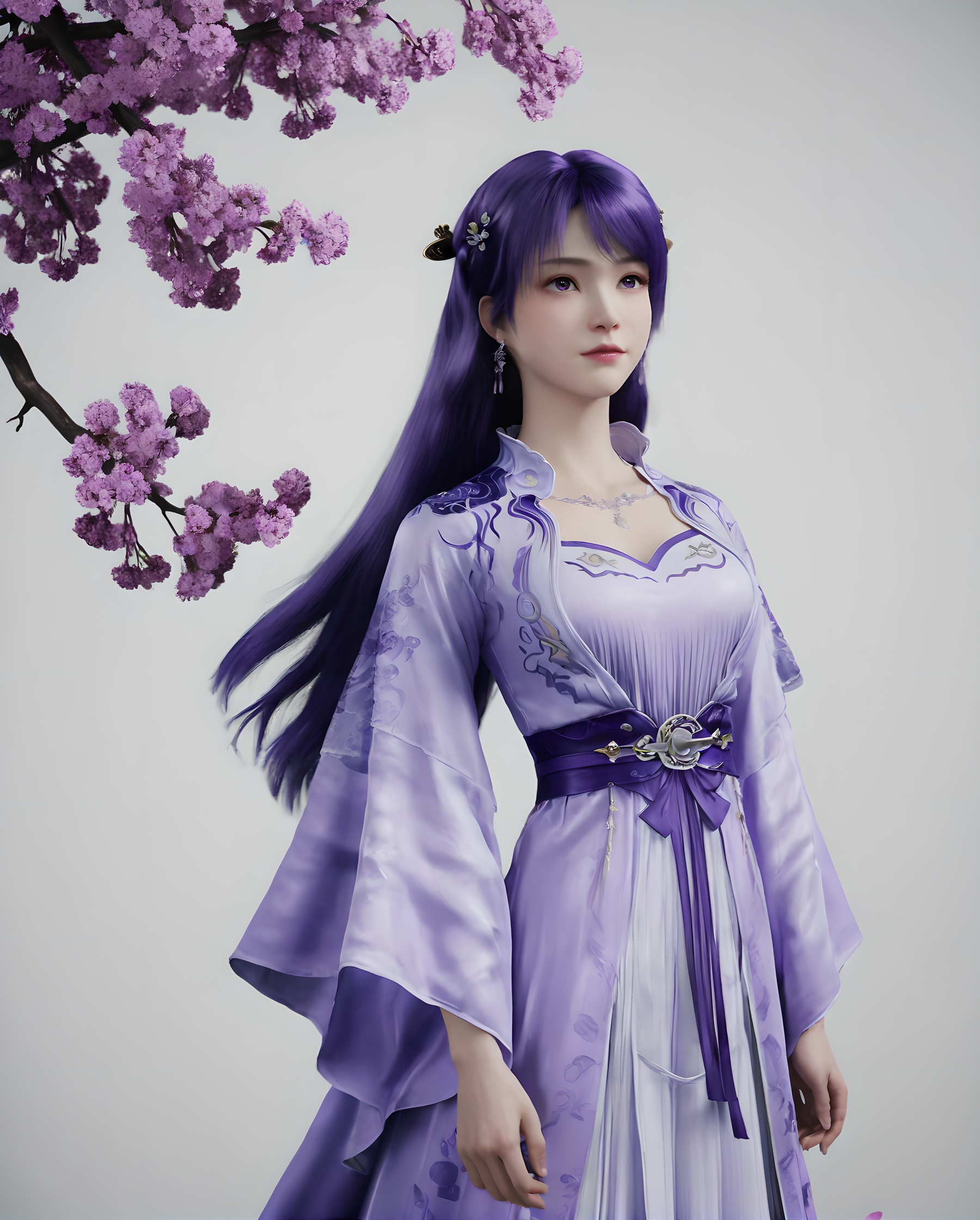 <lora:SF_JiZiYueSecondClothes_Pony_Realism-000003:0.7>,1girl,solo,flower,bangs,purple dress,purple clothes,hair ornament,standing,looking at viewer,branch,purple hair,long hair,white background,falling petals,arms at sides,