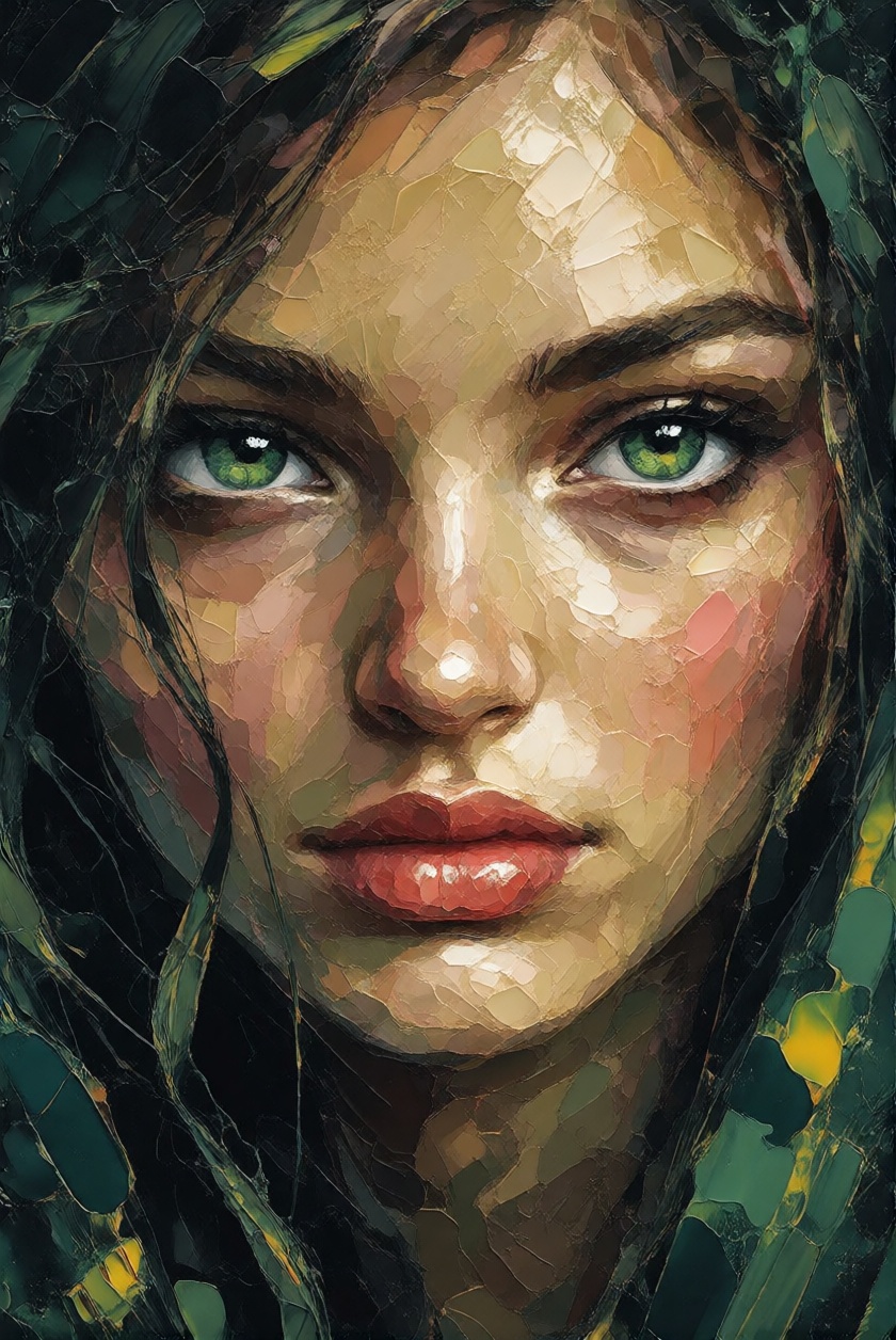 SplashPastoDaal,  a painting of a woman with green eyes against a dark background. Her face is the focus of the painting,...