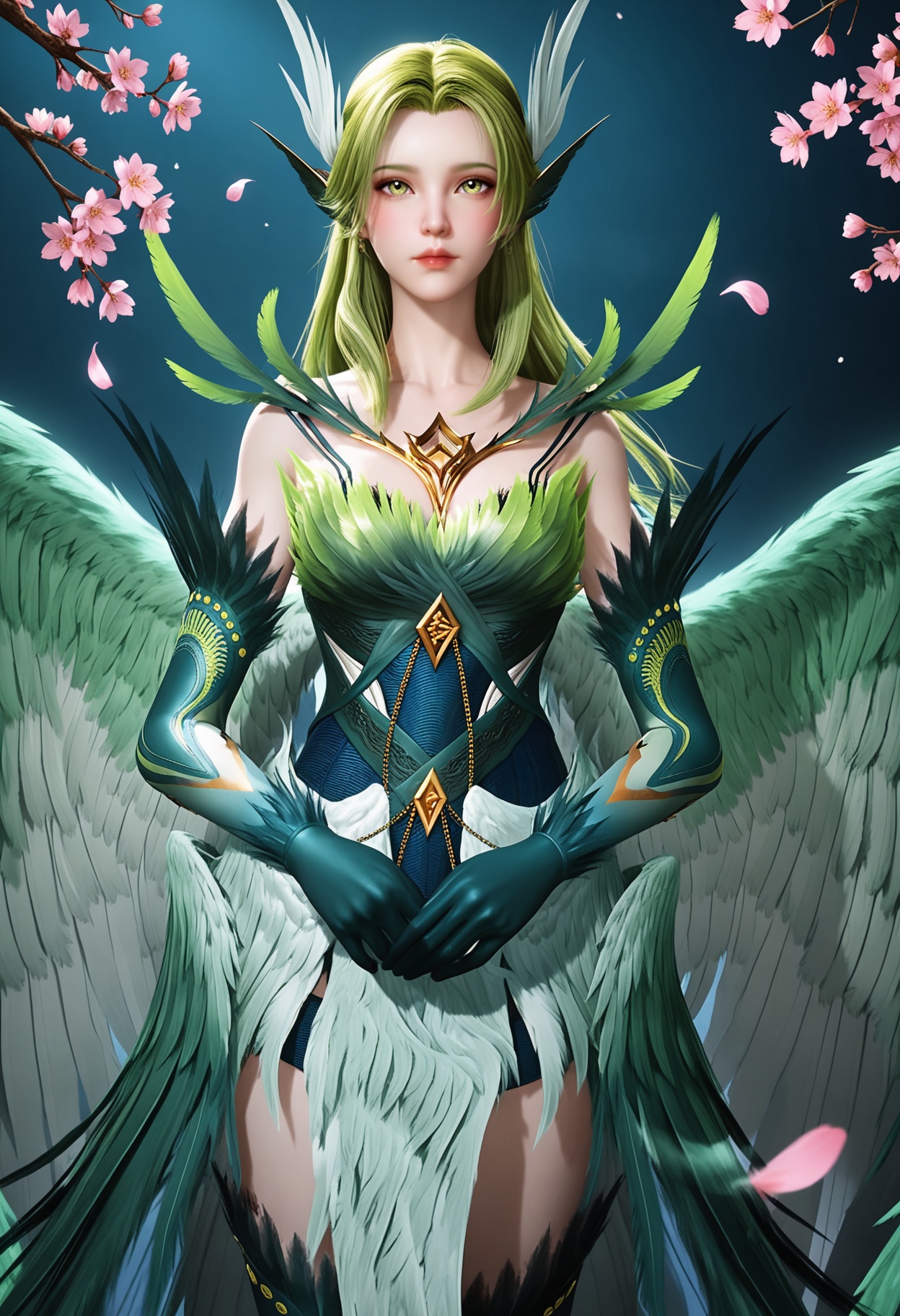 (upper_body:1.2),(looking at viewer:1.1),masterpiece,(best quality),smog,Dark room,dim lighting,peach blossom,falling petals,<lora:YQ_Illustrious光辉v5_碧姬_V1:0.8>,q1528437228,solo,1girl,long hair,green hair,feathers,green eyes,blonde hair,hair ornament,pointy ears,wings,gloves,dress,green wings,elbow gloves,jewelry,feathered wings,green dress,thighhighs,armor,yellow eyes,earrings,green feathers,multiple wings,