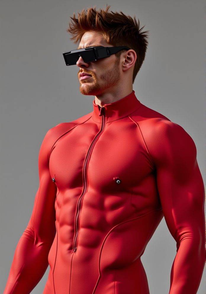 Ken Bek ,  Hi-res photo. He wears futuristic electronic glasses. He is wearing a light red,  close fitting flight suit mad...