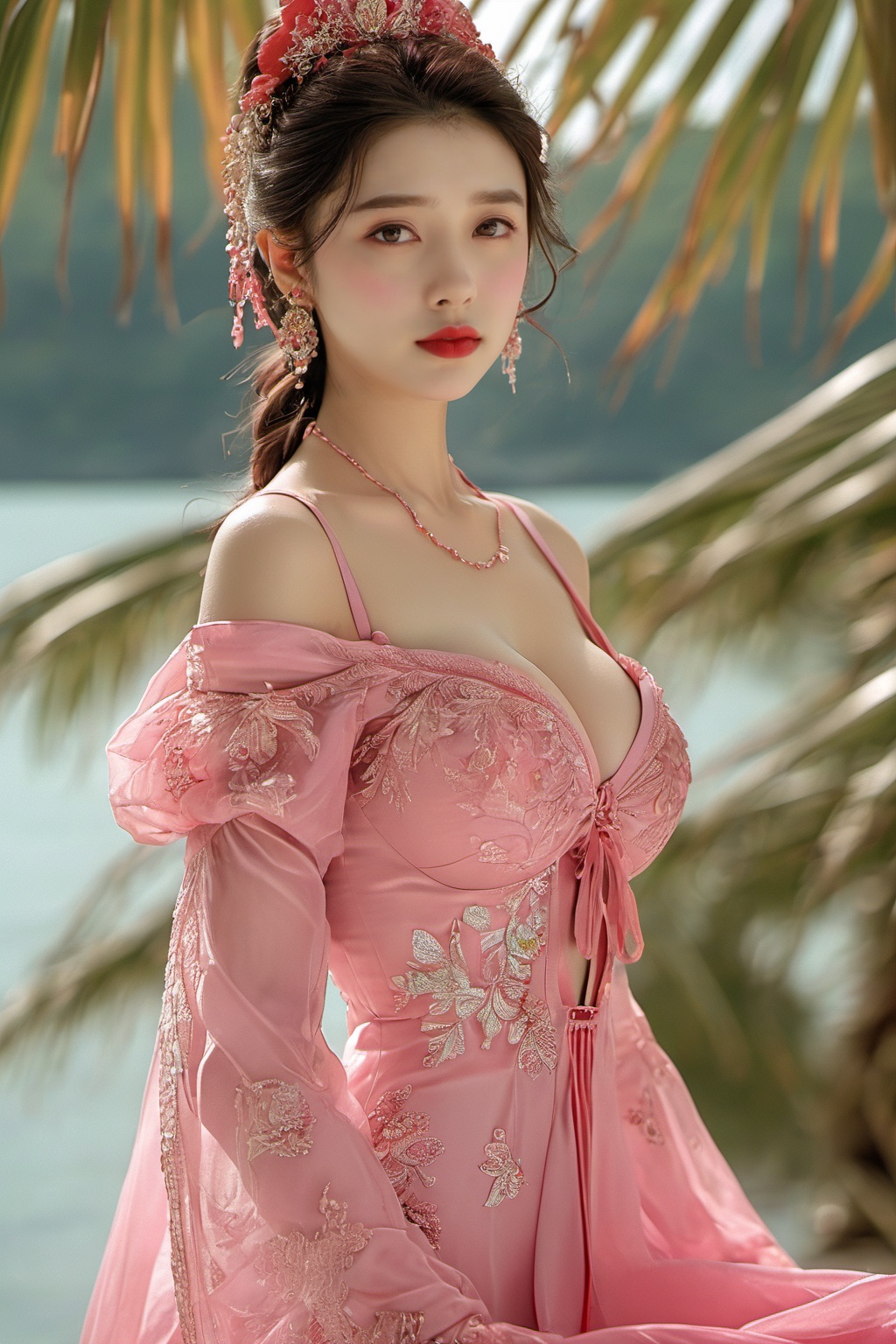 hhfhb,1girl,solo,cleavage,upper body,outdoors,<lora:hbhf-000008:0.8>,looking at viewer,pink dress,red lips,, masterpiece, best quality,