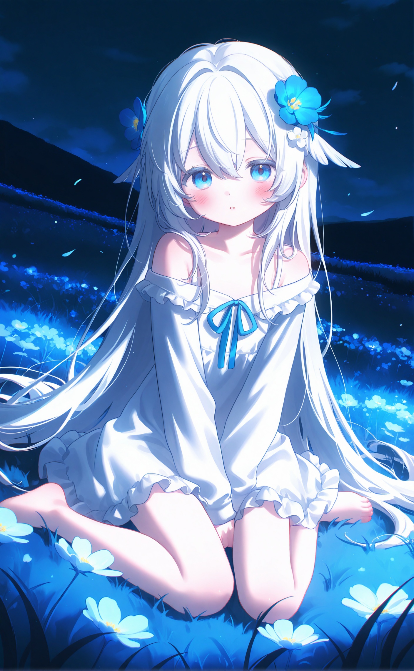masterpiece,very aware,highres,absurdres,newest,best quality,loli,petite,high quality,chromatic_aberration,cinematic_angle,dutch angle,night,//,umehara,konya666,//,1girl,solo,long hair,looking at viewer,blush,bangs,blue eyes,hair ornament,long sleeves,dress,ribbon,hair between eyes,bare shoulders,sitting,very long hair,collarbone,flower,white hair,outdoors,parted lips,barefoot,hair flower,off shoulder,white dress,sleeves past wrists,wariza,frilled dress,grass,aged down,feathers,white flower,child,between legs,blue flower,hand between legs,female child,feather hair ornament,