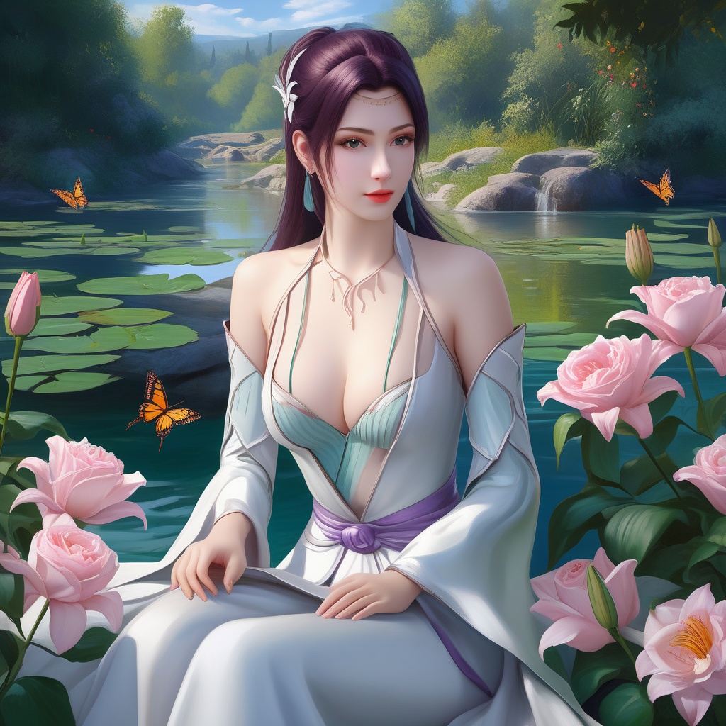 <lora:786-DA-XL-斗破苍穹-云韵-绿服:0.8>, (,1girl, ,best quality, ),looking at viewer,  ,ultra detailed 8k cg,ultra realistic 8k cg,1girl, solo,(bare shoulders:0.85),(masterpiece, best quality),((oil painting style)),sexy young lady,(beautiful face and eyes),(upper body:1.5),(whole body:1.05),(single person:1.2),surrounded by flowers, (lily), roses, floret, vegetation, white, purple, purplish pink,Impressionism,colorful,(Breast size:1.3),(cleavage),, butterfly,(sit),