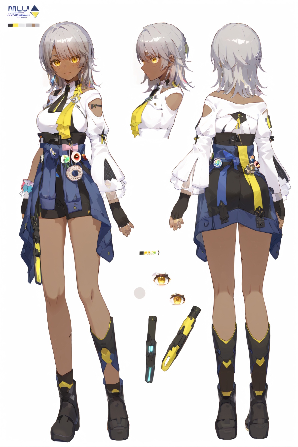score_9, score_8_up, score_7_up, score_anime, 8k, best quality, masterpiece, (ultra-detailed), masterpiece, best quality, BREAK<lora:Carol-pony-Tanger-000014:0.8>, Carol, def clothes, 1girl, gloves, fingerless gloves, dark-skinned female, dark skin, black gloves, clothes around waist, yellow eyes, black footwear, grey hair,<lora:nrenshe-pony-Tanger-000006:0.7>, 1girl with expressions sheet, expressions sheet, white background, 