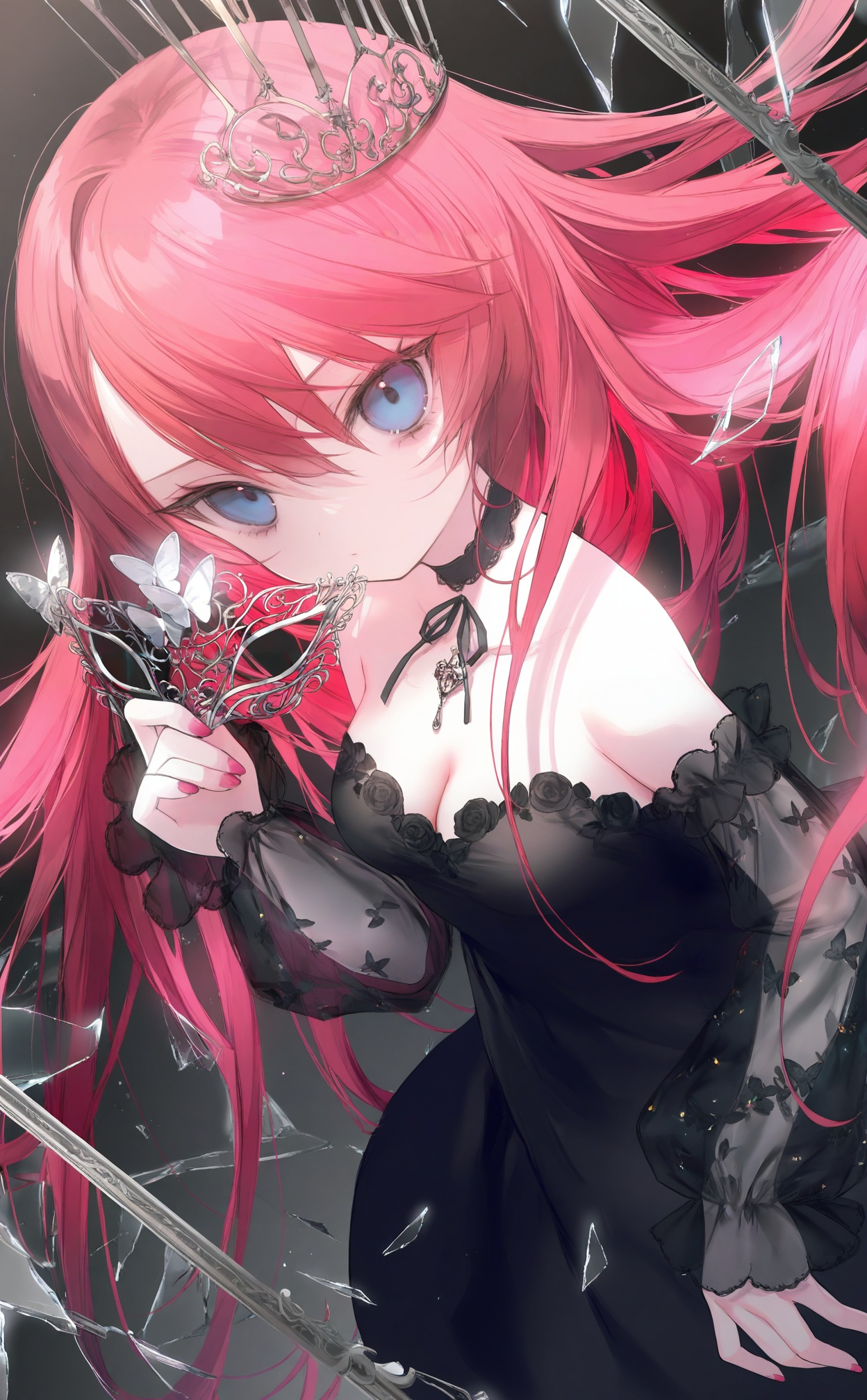 masterpiece,absurdres,best quality,loli,petite,high quality,chromatic_aberration,//,1girl,solo,dress,breasts,long hair,blue eyes,looking at viewer,black dress,cleavage,holding mask,holding,detached sleeves,red hair,mask,broken glass,bare shoulders,hair between eyes,glass shards,nail polish,choker,glass,medium breasts,feathers,closed mouth,red nails,long sleeves,butterfly,black sleeves,pink nails,crown,black choker,unworn mask,very long hair,see-through,strapless dress,pink hair,see-through sleeves,dutch angle,floating hair,bug,//,<lora:guimao2——【noob】hans:1>,