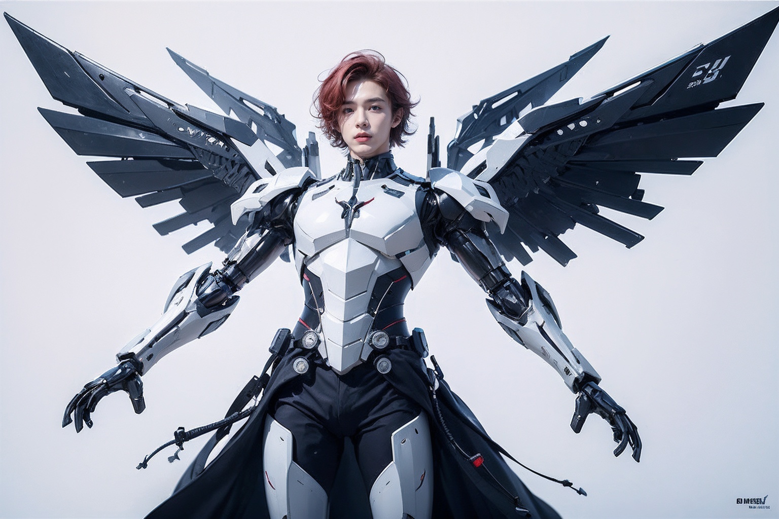 1boy,concept artwork,red hair,(a lonely solo boy:1.4),sky,wing,sitting on the ground,wings with fans,graphics card fan,strong male mecha warrior,mighty and domineering,cool mecha,32k,blue and white color scheme,white armor,<lora:atai_20240121203524-000008:0.7>,white_background,standing,cowboy_shot,