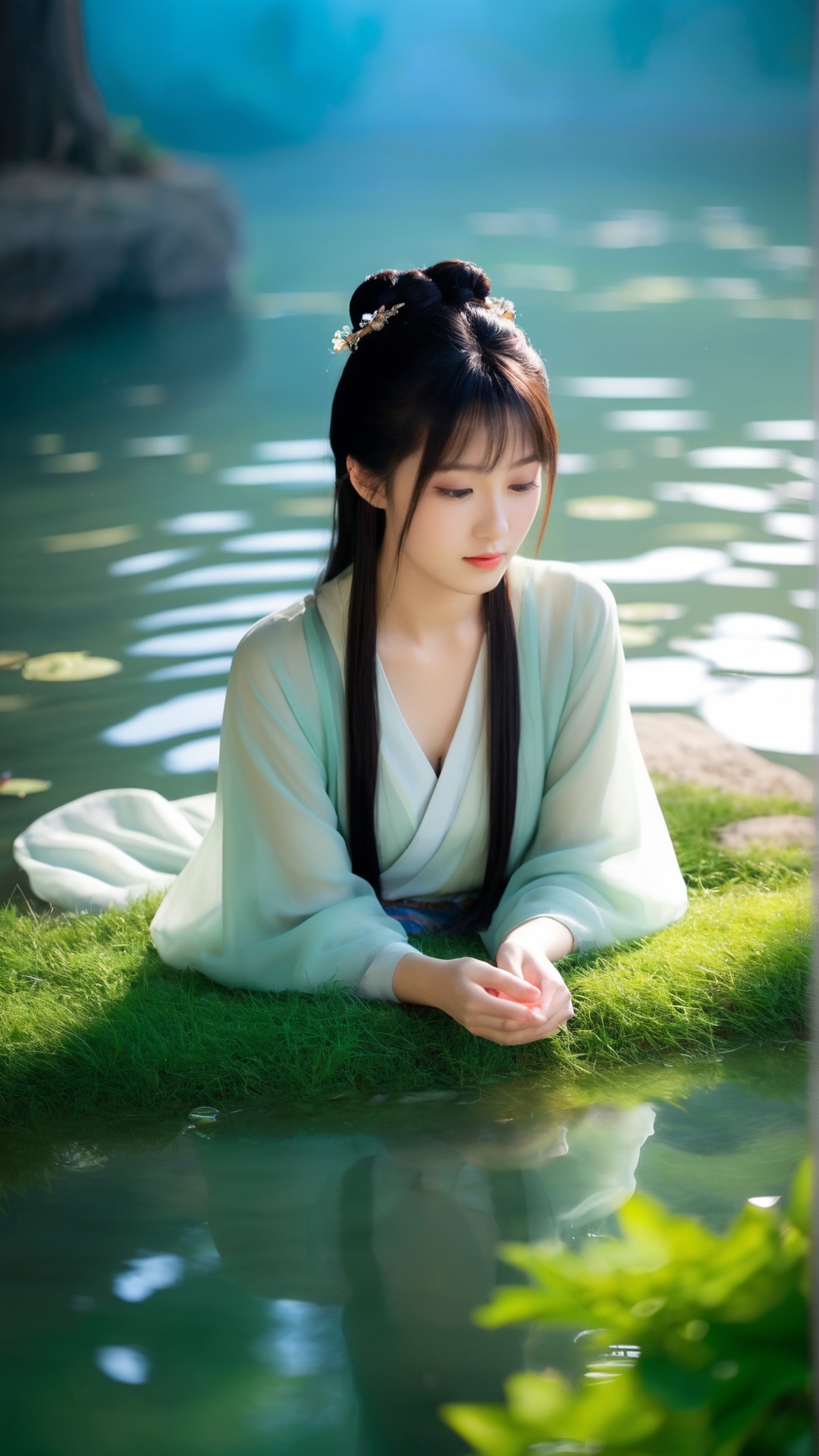 jpn-girl,(Best Quality:1.2),Masterpiece,HD,HDR,8K,(Film Quality:1.2),Film Tone,Serene Garden Scene,Lens 35mm,Depth of Field,Soft Tone,(Film Vignetting:1.2),Film Grain,Photorealistic,Realistic,Soft Sunlight,dappled light and shadow,tranquil atmosphere,Secluded garden,1woman,solo,exquisite Hanfu,full body,waiting pose,calm expression,detailed Hanfu with bamboo shadow patterns,flowing silk material,colorful details,promise of a sweet love encounter,bamboo shadows,serene ambiance,traditional Chinese garden elements,stone paths,blooming flowers.,On the tranquil surface of the lake,a young woman in an emerald green Hanfu gracefully lies on a transparent float. Her long hair spreads out on the water,rippling like aquatic plants with the current. Colorful mists rise from the lake's depths,encircling her and making her appear as if she were a fairy of the water,basking in the gentle embrace of the water's surface. The collar of her Hanfu is slightly open,moving gently with her breath. Her gaze is serene and distant,as if she is dreaming of water and sky.,