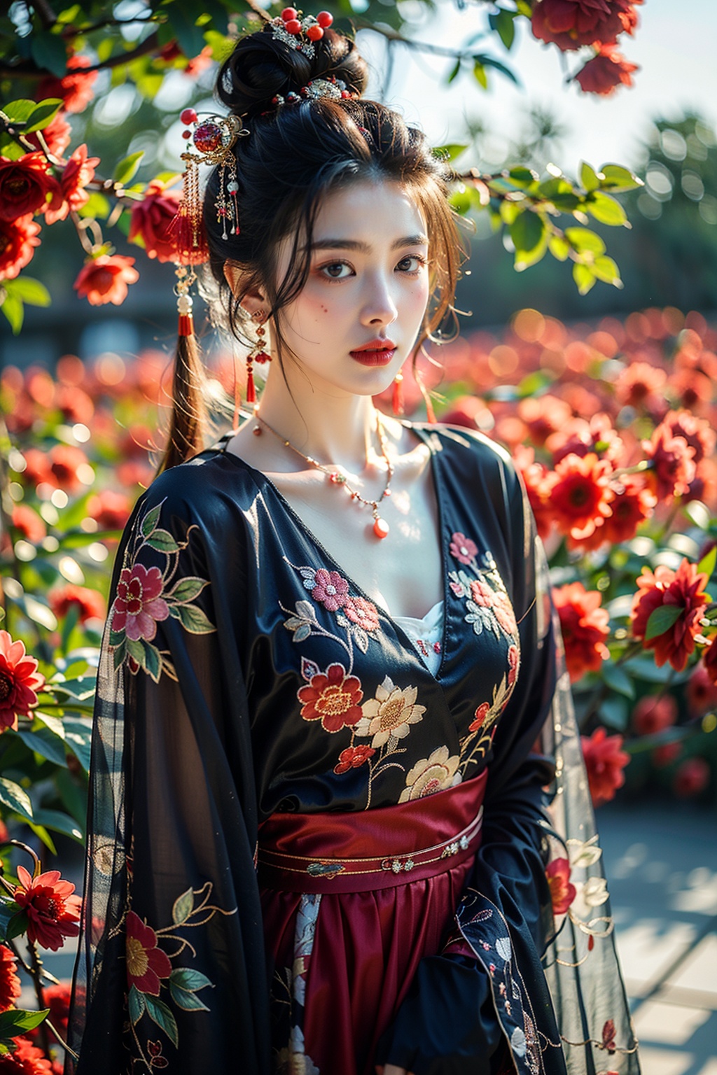 masterpiece, best quality, realistic, 1girl, gufeng style, solo, looking at viewer, black hair, hair ornament, jewelry, earrings, necklace, hair bun, blurry, lips, chinese clothes, cowboy shot, realistic, red lips, outdoors, day, sky, cloud, tree <lora:GufengBD-000016:0.7>