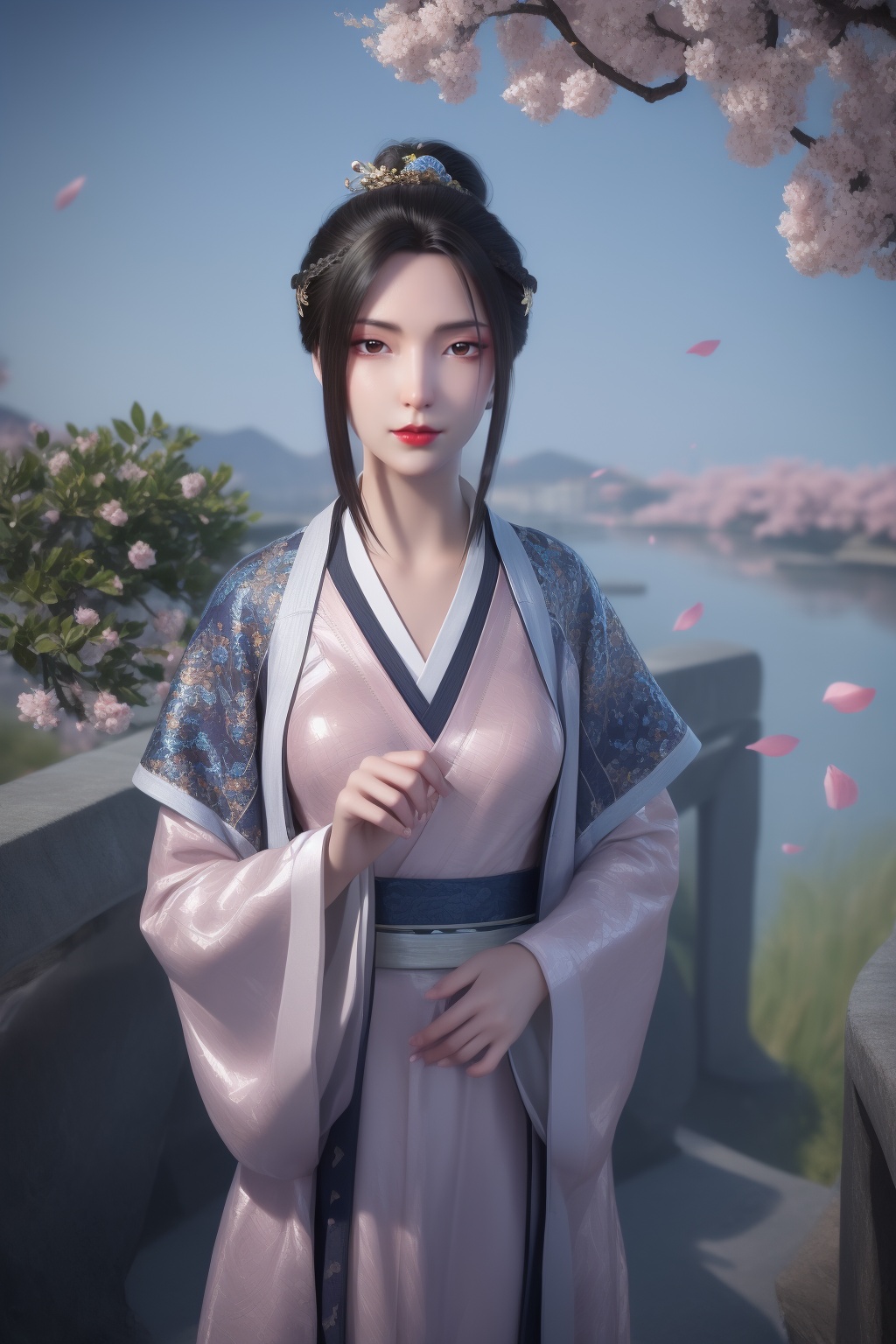 photo_\(medium\),(8k, RAW photo, best_quality),(masterpiece:1.2),(realistic:1.2),(photorealistic:1.3),(ultra-detailed),(extremely_detailed_cg_8k_wallpaper),(crystal_texture_skin:1.3),(shiny:1.2),(shiny_skin:1.4),(extremely_delicate_and_beautiful),petals,flower,sky,cherry blossoms,falling petals,fair skin,shenfengLouShuWan,white clouds,1girl,solo,dress,chinese clothes,torogao,red lips,hair bun,hair stick,hanfu,breats,standing,jewelry,hair ornament,earring,realistic,looking at viewer,<lora:shenfengLouShuWan_20240730233339-000004:0.7>,landscape,full_shot,