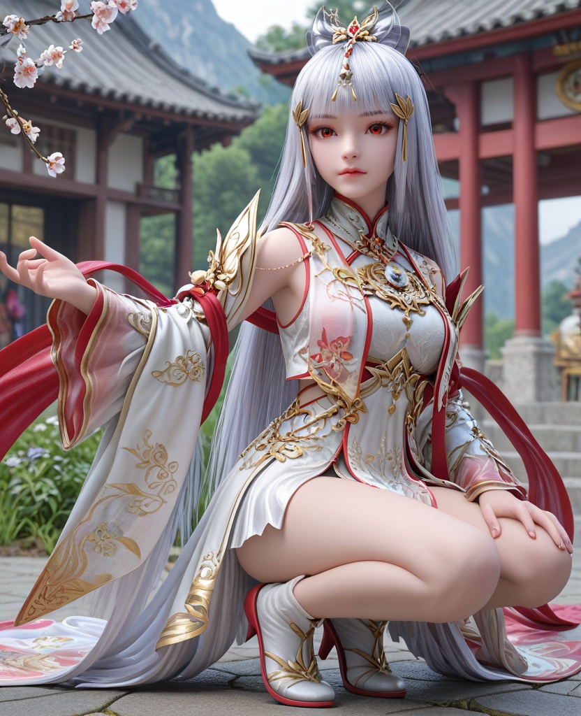 (oriental architecture, elegant decor, sophisticated style:1.1),squatting, legs together,(breasts:1.2),<lora:XL16完美世界天神书院太阴玉兔:0.95>,miss taiyinyutu,white short dress,red eyes,hime cut,white hair,very long hair,hair ornament,red shawl,wide flowing sleeves,petite girl,tiered high-low skirt,see-through fart curtain,, zPDXL2, score_9, score_8_up, score_7_up BREAK realistic, masterpiece,best quality, highly detailed,, zPDXL3, zPDXL2,zPDXL, zPDXLxxx, zPDXLrl,