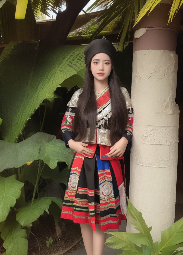 (masterpiece, best quality:1.4),finely detailed,1girl,solo,standing,dress,ethnic attire,hat,jewelry,skirt,outdoors,beach,palm_tree,<lora:海南黎苗族少女黎夏01 :0.8>,