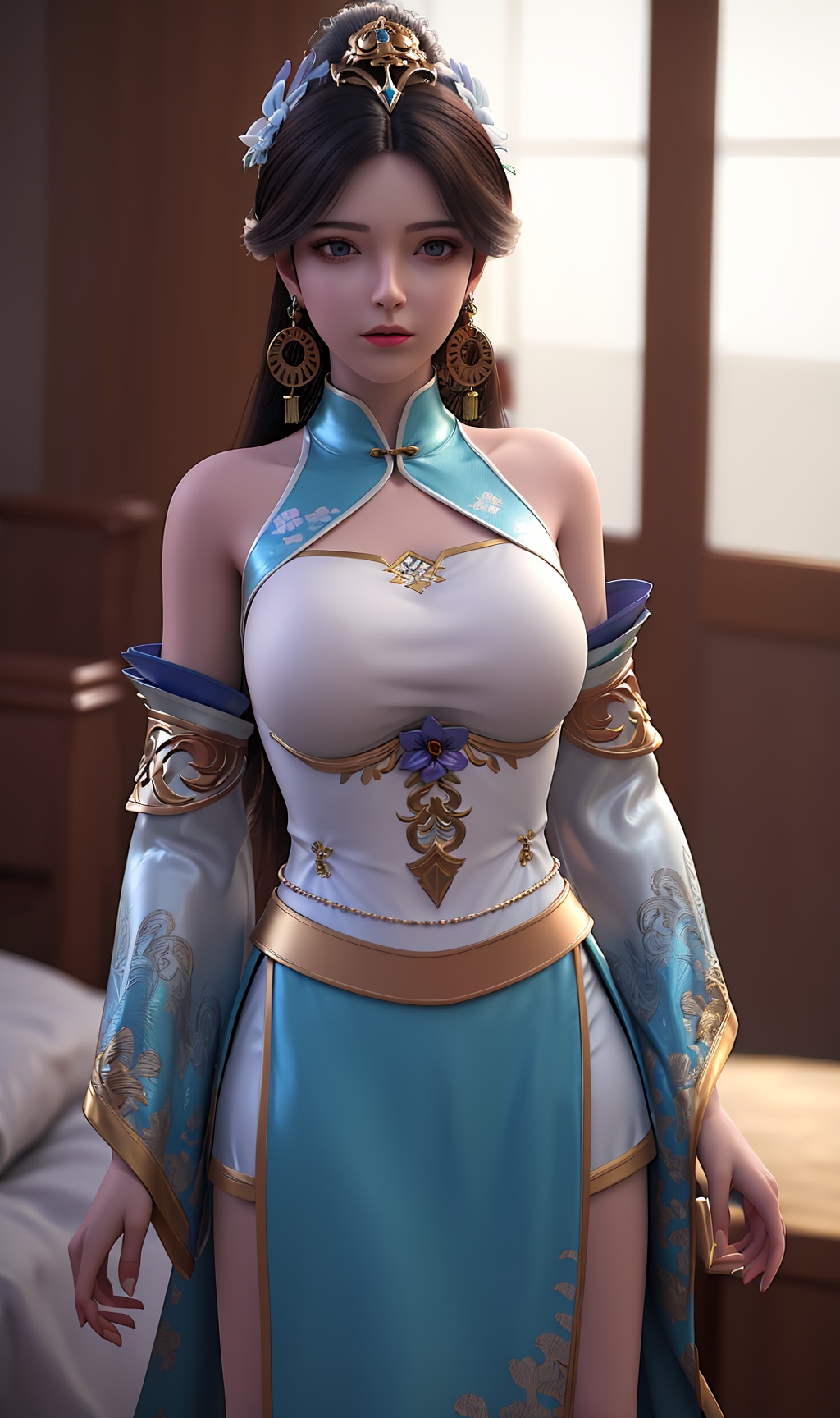 3D,masterpiece,(best quality),(makeup),official art, extremely detailed cg 8k wallpaper,((crystalstexture skin)), (extremely delicate and beautiful),(highly detailed),(face),(gold_trim),(collar),(hair_flower),tassel,,(wide_sleeves),(1girl), (solo), (jewelry), (earrings),(purple_hair),(long_hair),(hair_ornament),(handwear),(breasts),(standing),((upper_body)),((shank)),(off-shoulder_dress),(closed_mouth),(long_skirt),(chinese_clothes),(dress),,(multicolored_clothes),(multicolored_dress),(shiny_clothes),(city,indoor,bed),(shorts),,((looking_at_viewer)),((Facing the camera)),, <lora:hipoly3DModelLora_v10:0.3>