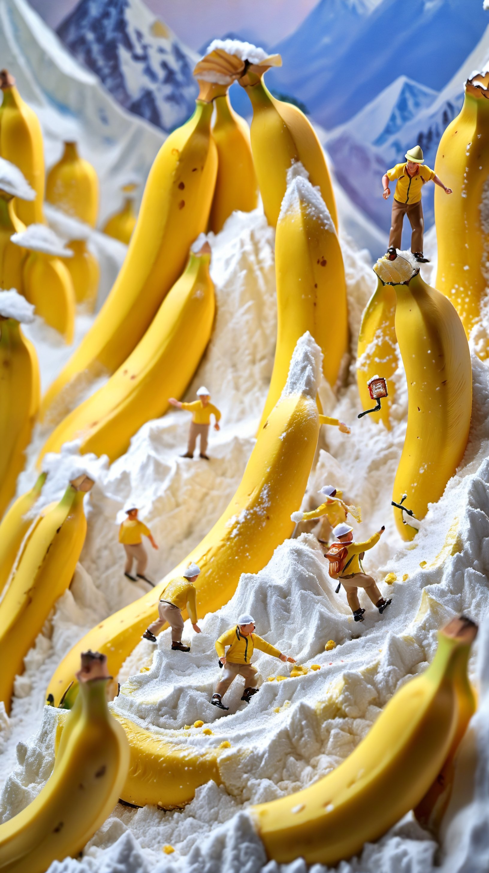 <lora:鼻涕泡_微缩王国_V1.0:0.9>,highly detailed,ultra-high resolutions,32K UHD,best quality,masterpiece,tao,chi,multiple boys,food,snow,fruit,yellow shirt,hat,outdoors,mountain,The image showcases a whimsical scene where miniature figurines are depicted as if they are climbing a mountain made of white powder,with bananas surrounding the scene.,