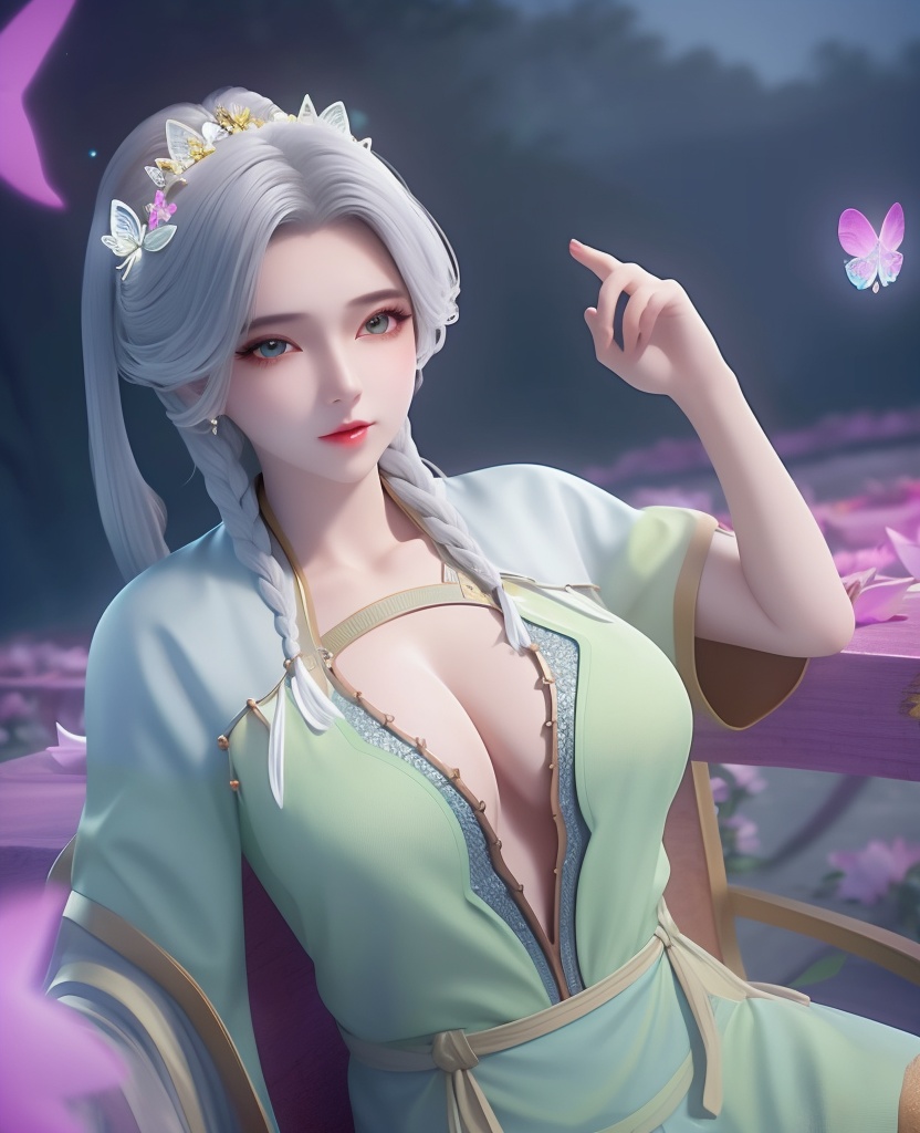 <lora:650-DA-完美世界-宁川的妈:0.8>(,1girl, ,best quality, ),looking at viewer,  ,ultra detailed background,ultra detailed background,ultra realistic 8k cg, ,masterpiece, (( , )),,  fiction,mole, , ,      ,, 1girl,butterfly sitting,  night, star_\(sky\)(cleavage),