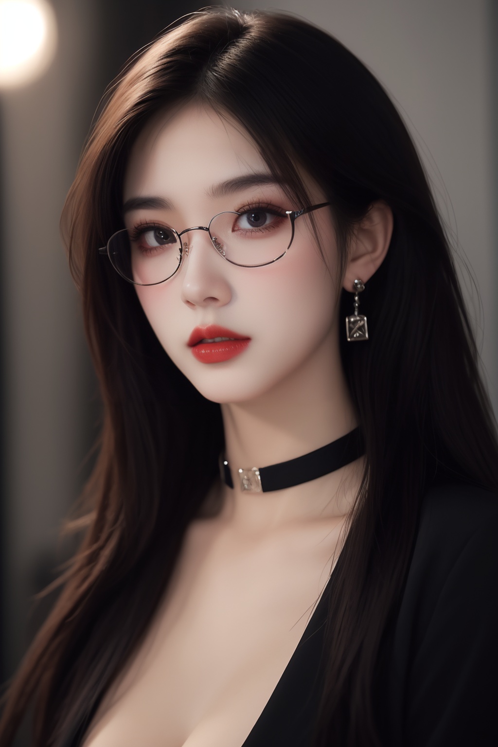 1girl, black choker, black hair, blurry, blurry background, blurry foreground, breasts, choker, cleavage, collarbone, depth of field, earrings, glasses, jewelry, large breasts, lips, long hair, looking at viewer, red lips, solo focus <lora:御姐:1>