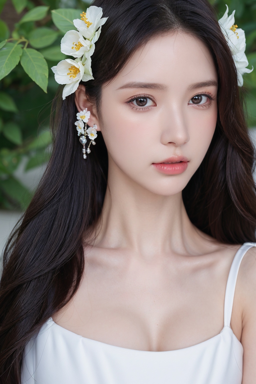 1girl, solo,(front view:1.2),(looking_at_viewer:1.4),(eye-contact:1.4),,black hair, long hair, jewelry, realistic, earrings, hair ornament, black eyes, lips, collarbone, parted lips, flower, watermark, upper body, portrait, hair flower, dress, web address,  <lora:YG红颜阁美女17:0.85>,